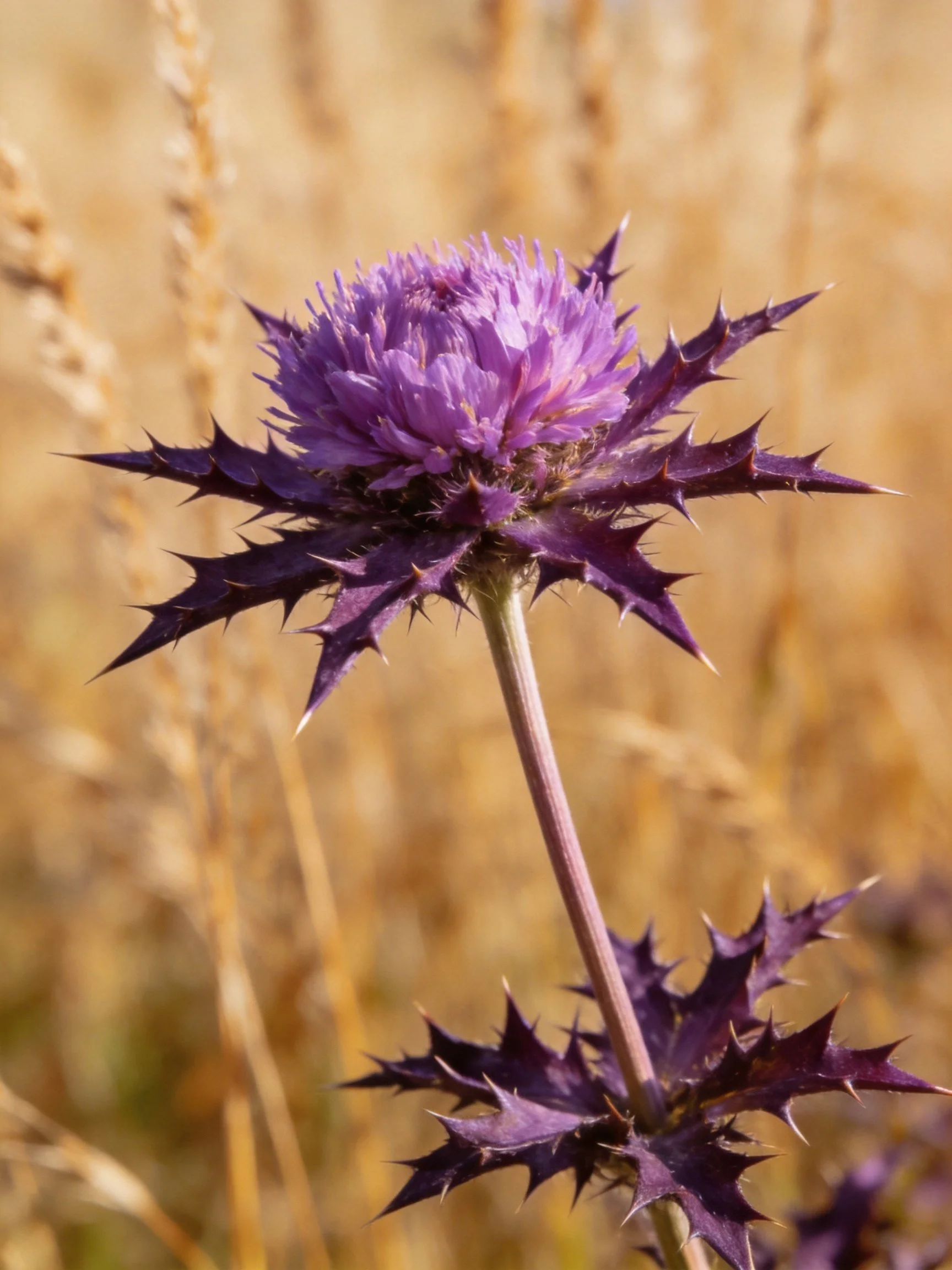 Purple thistle with sharp spines amid golden grasses