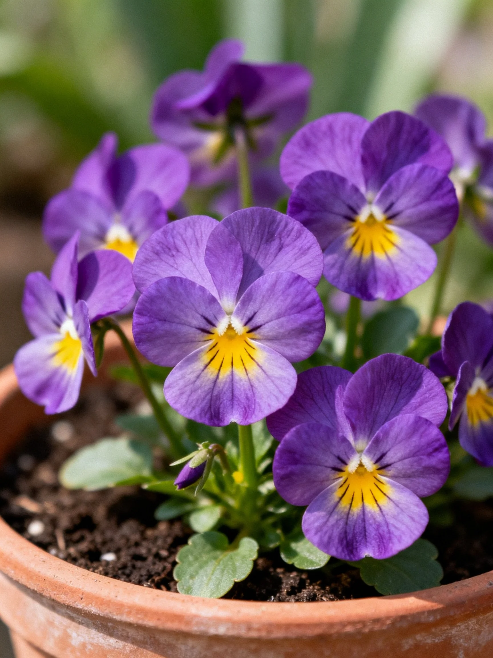 Purple viola flowers blooming in a terracotta pot