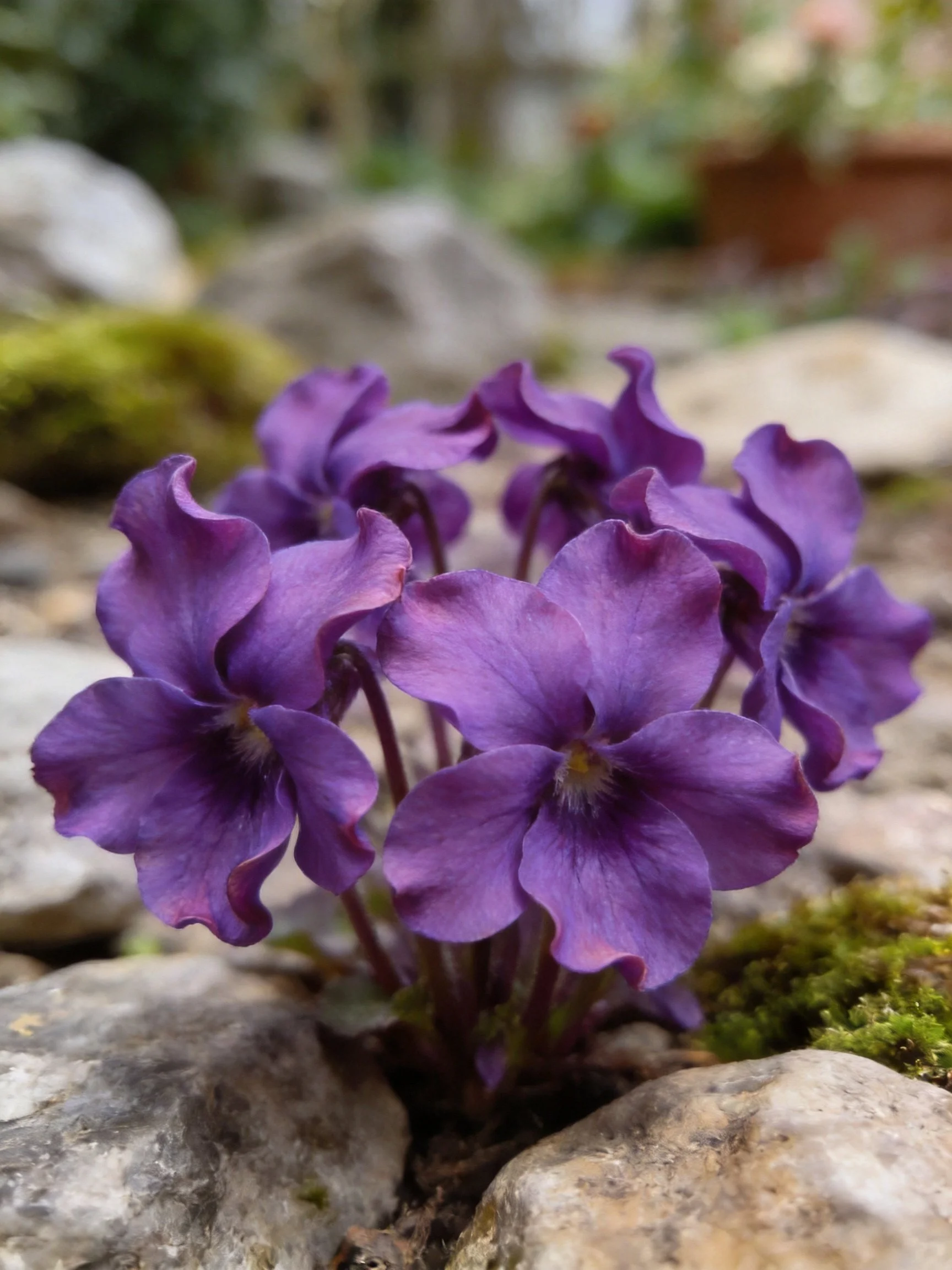 Purple violet flowers cluster amid rocks and moss