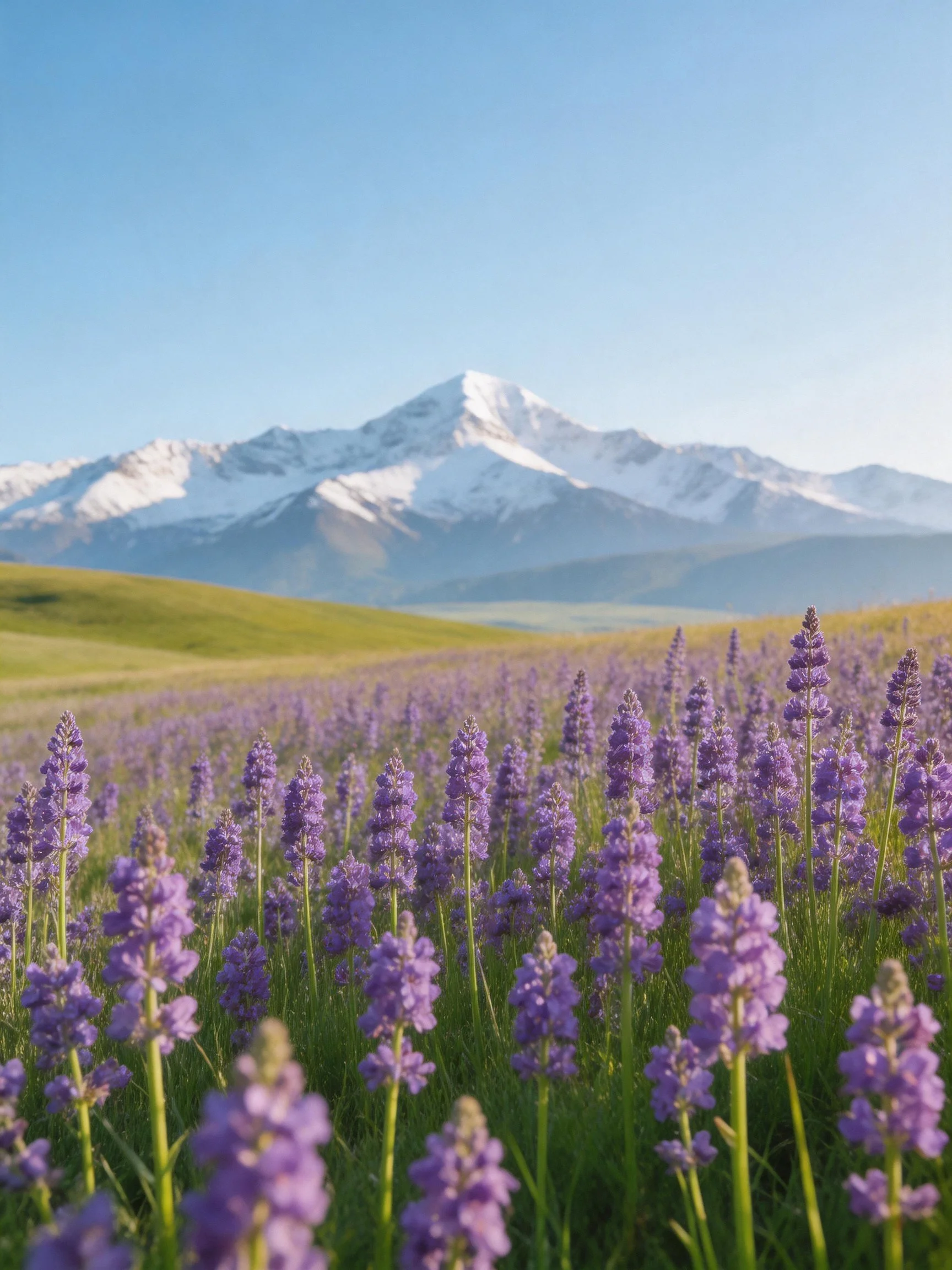Purple wildflower meadow, green rolling hills, snow - capped mountain range