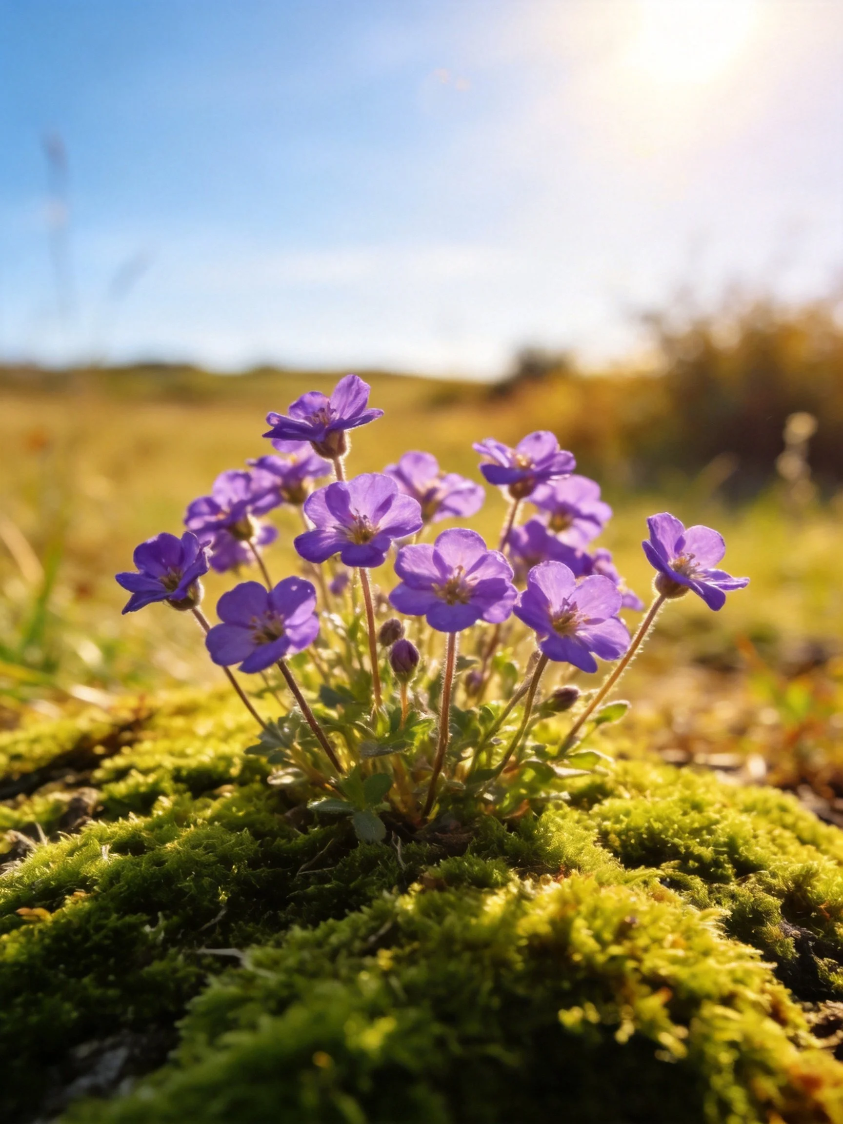 Purple wildflowers cluster amid lush green moss in a sunlit field