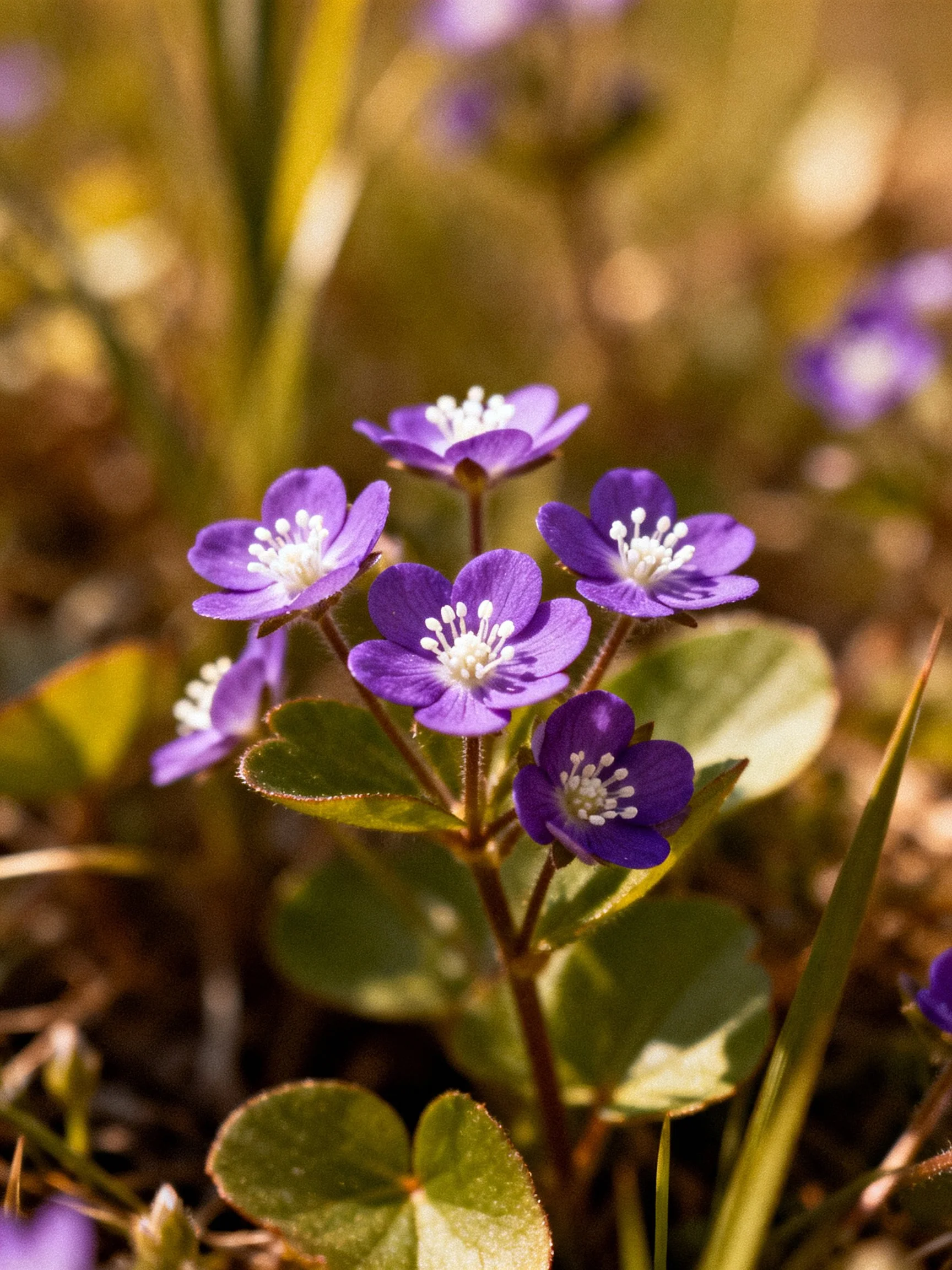 Purple wildflowers with white centers cluster amid green foliage in a sunlit meadow