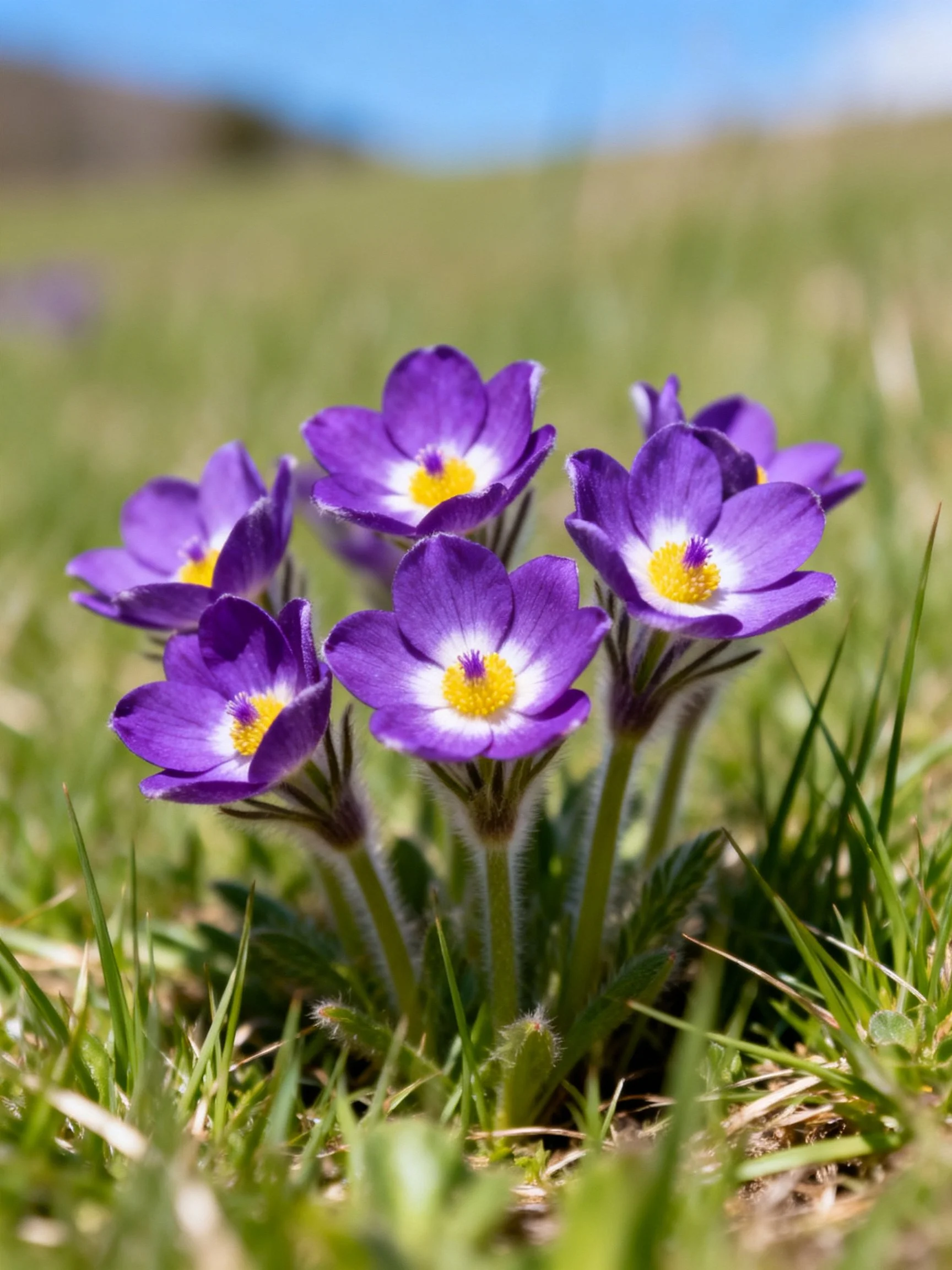 Purple wildflowers with yellow centers blooming in a grassy meadow