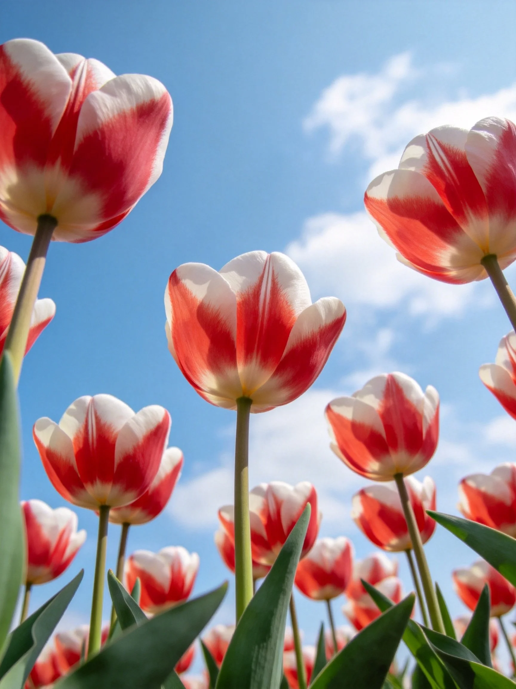 Red and White Tulip Field Under Bright Blue Sky