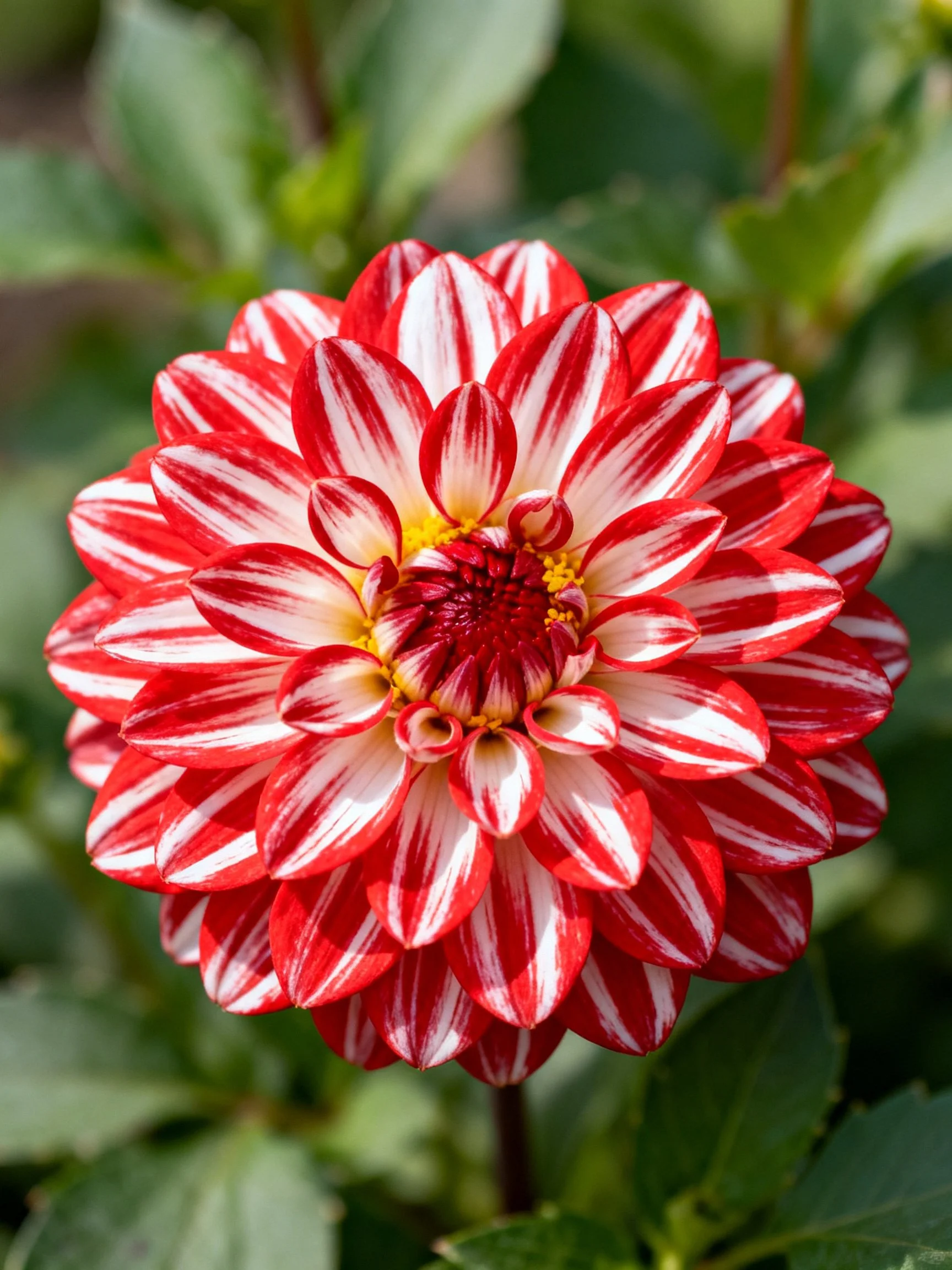 Red and white striped dahlia with layered petals