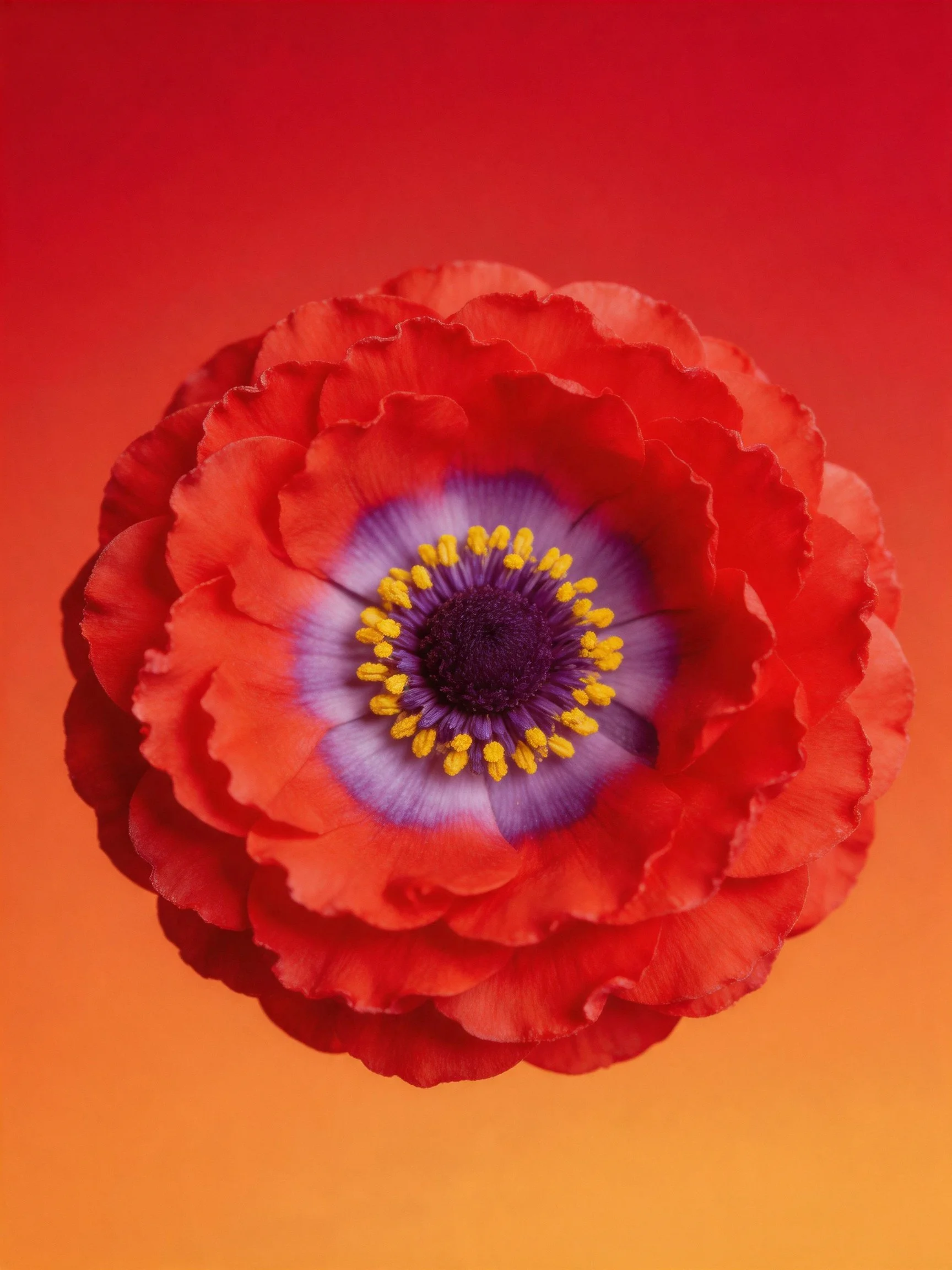 Red flower with layered petals, purple center, and yellow stamens