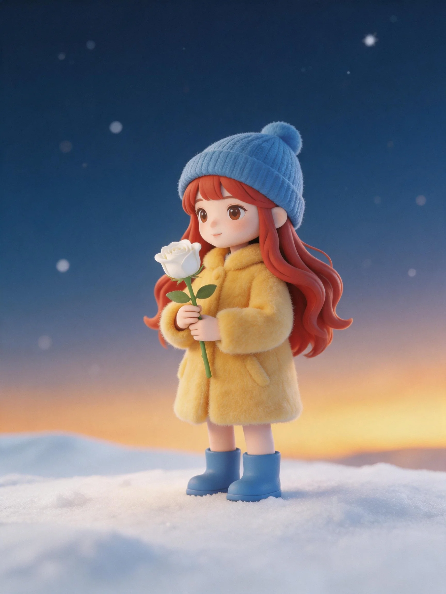 Red-haired girl in yellow coat holds white rose on snowy terrain under twilight sky