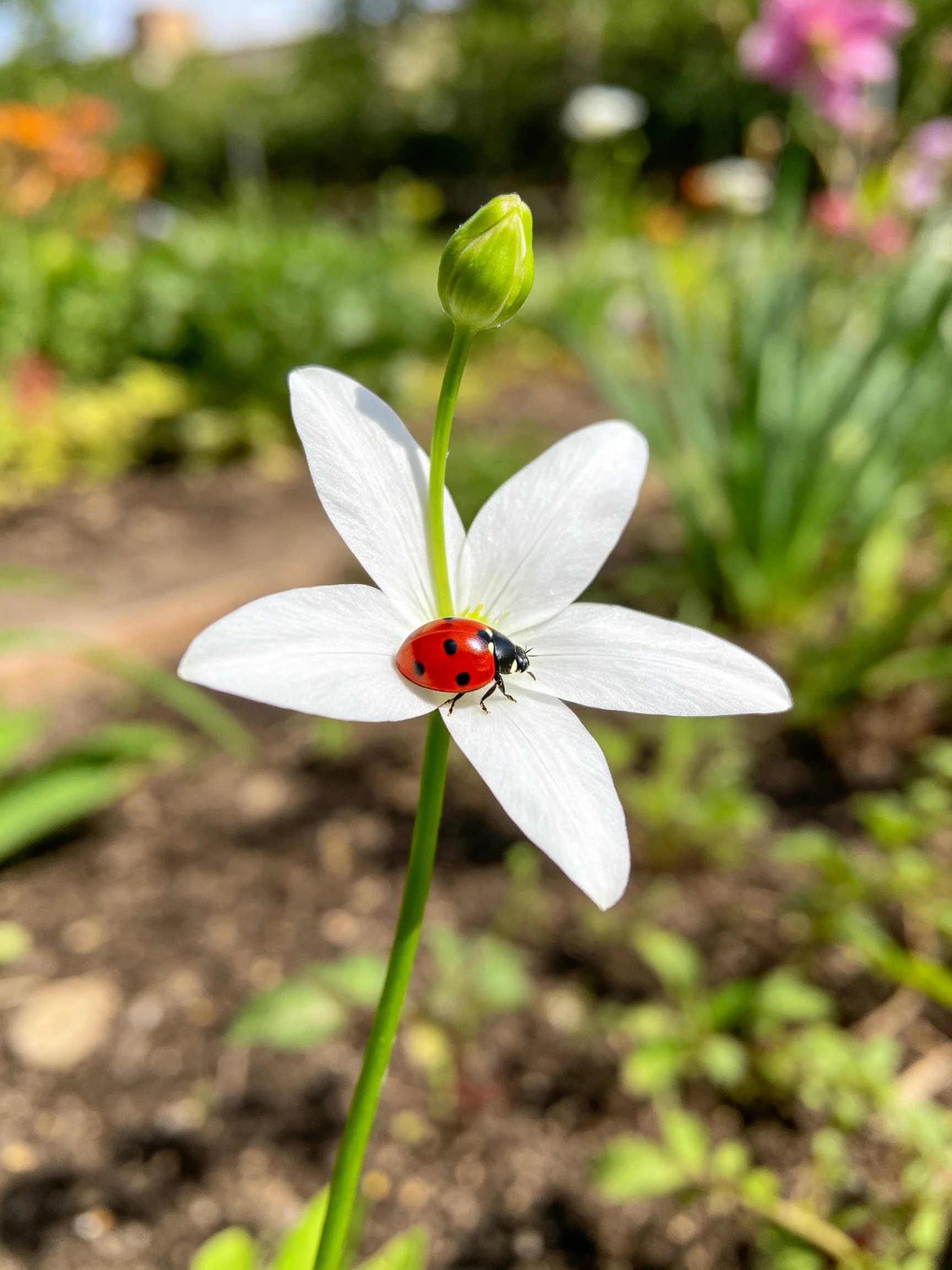 Red ladybug on white flower with green bud in garden