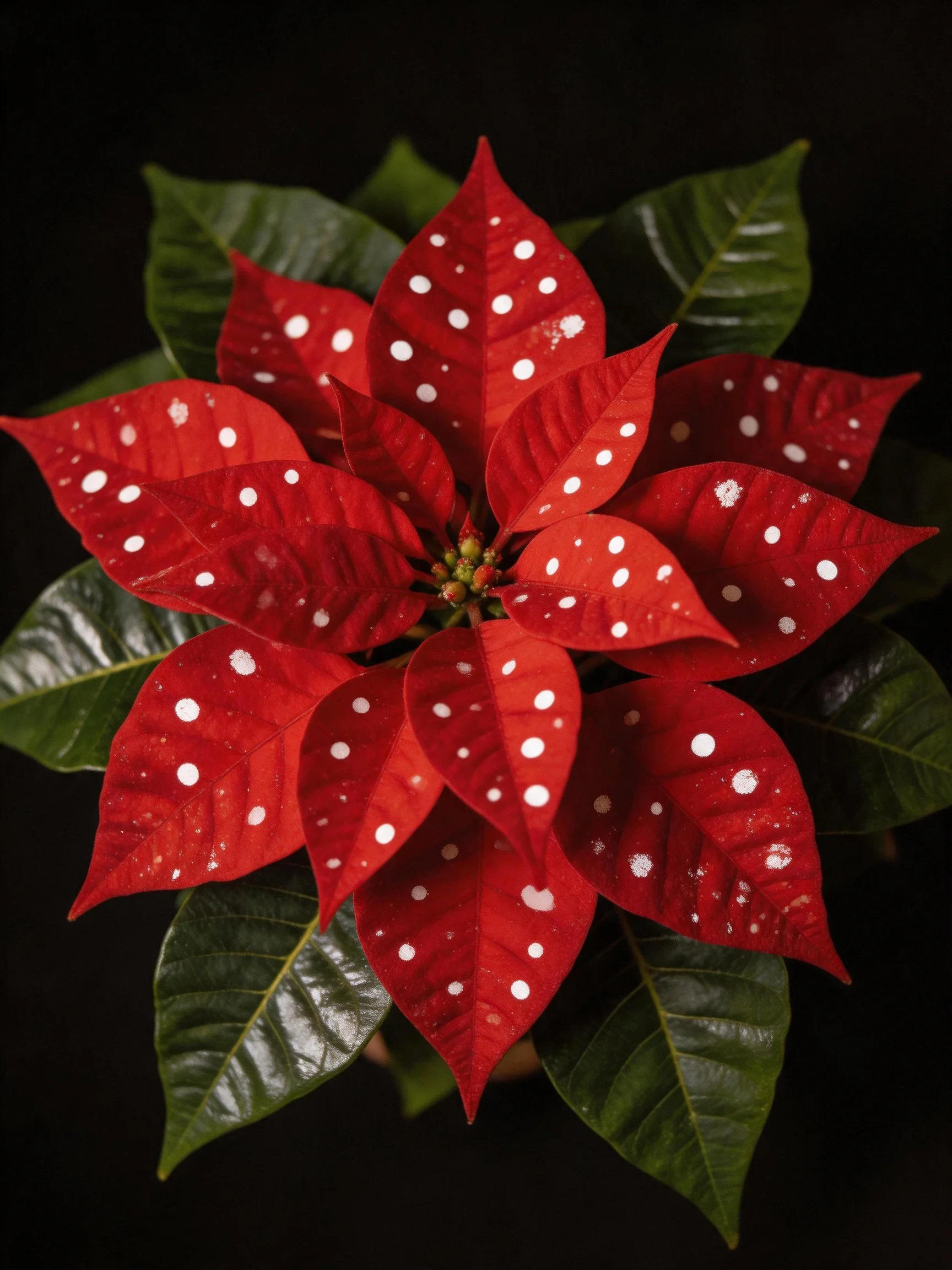 Red poinsettia with white spots among dark green leaves