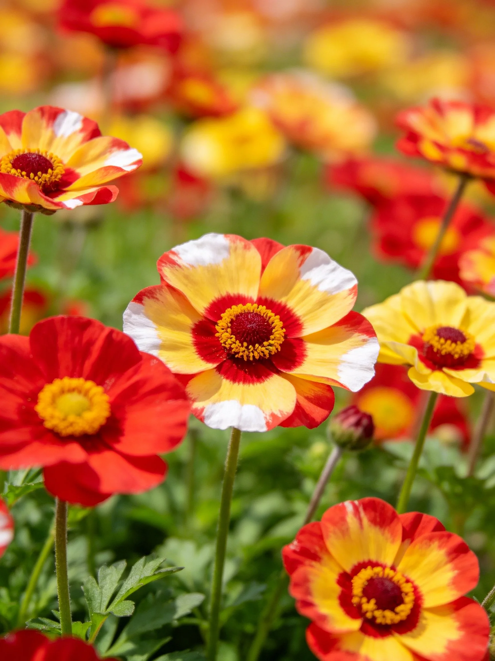 Red, yellow, and white flowers bloom in a lush garden