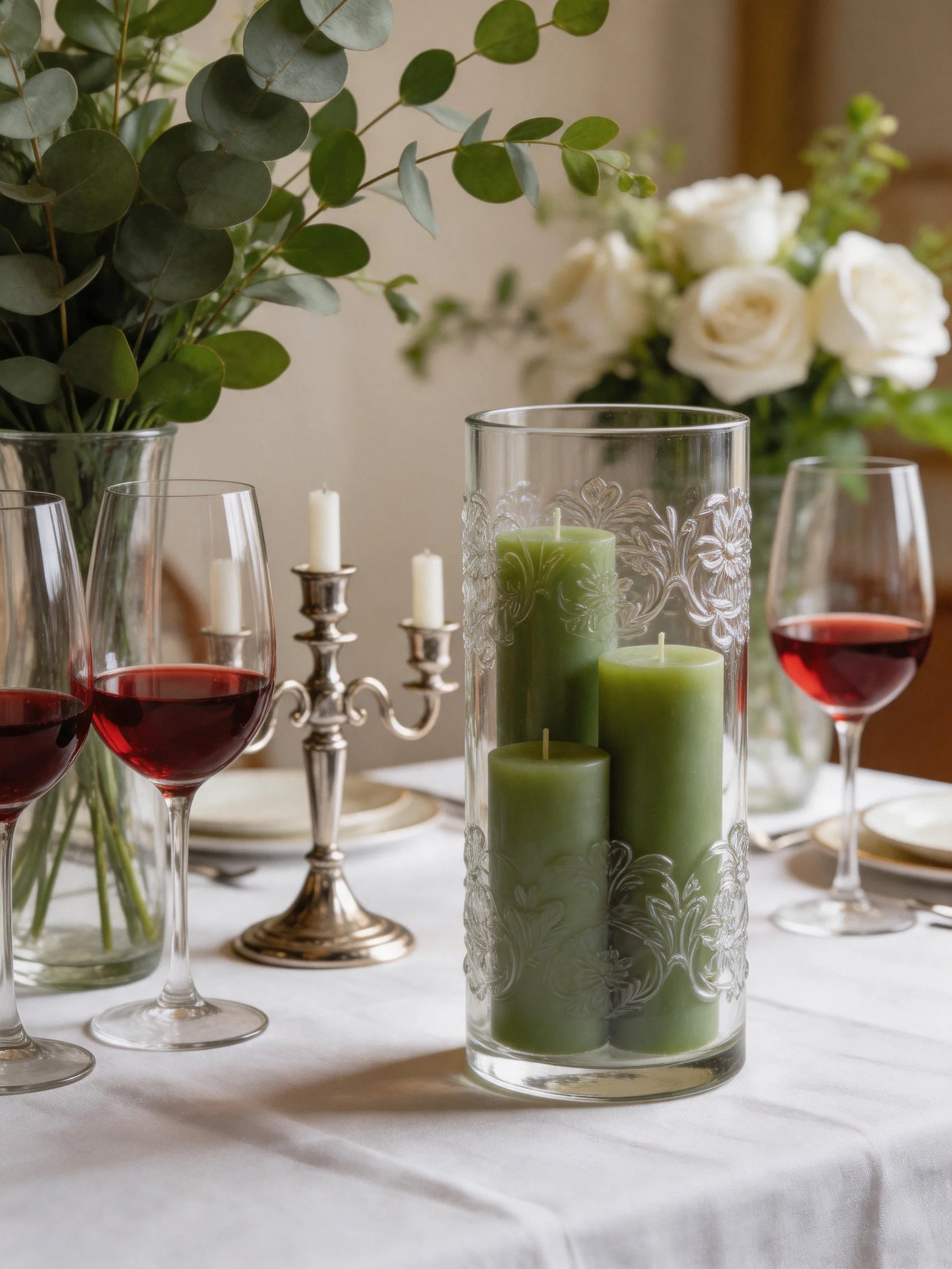Refined table display with green candles, red wine, and floral accents