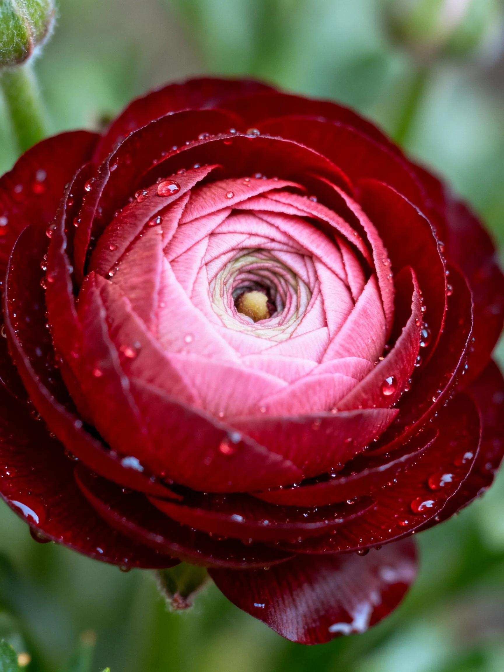 Rich burgundy and soft pink flower with dewdrops