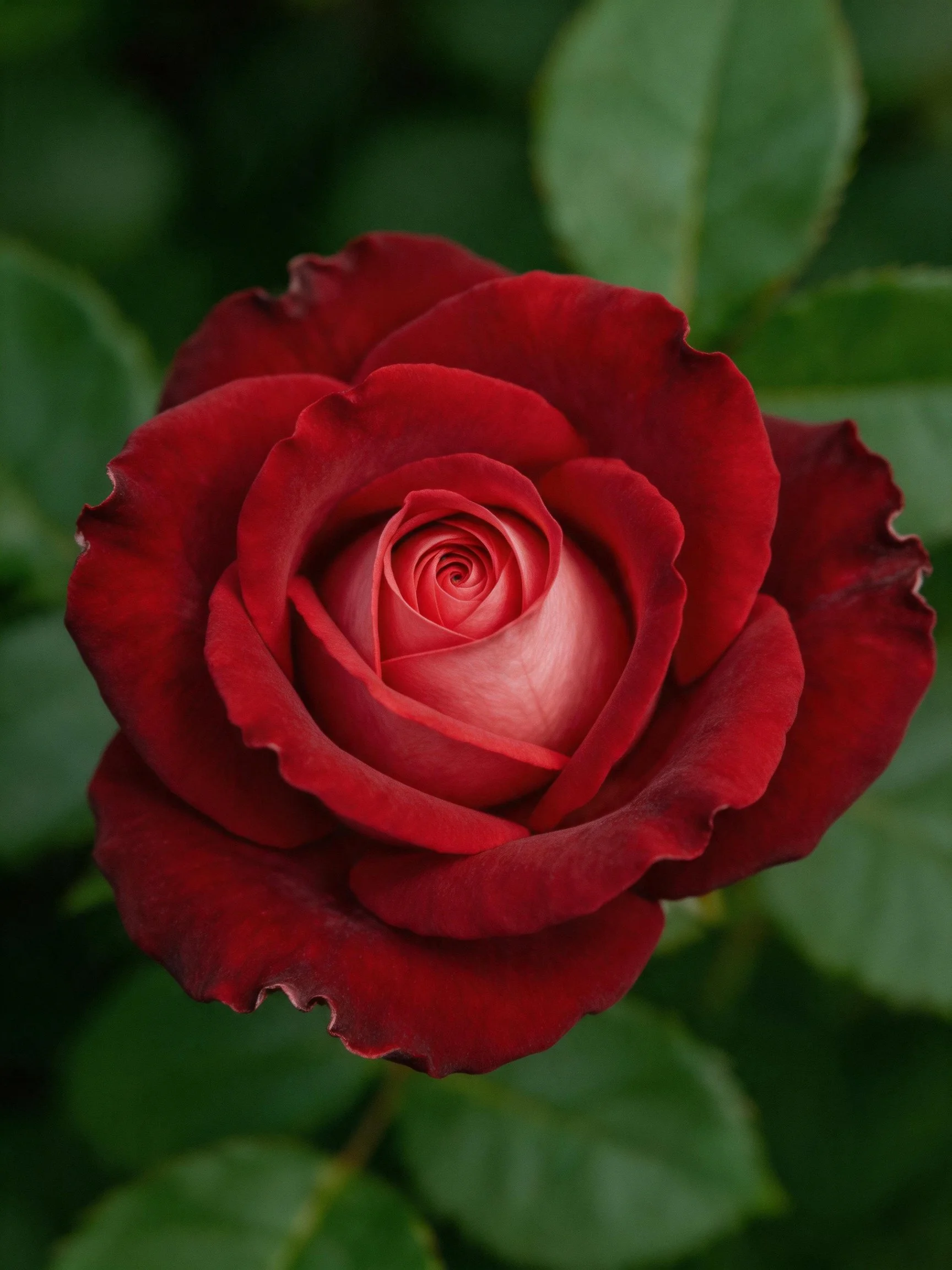 Rich crimson rose with layered petals and green leaves