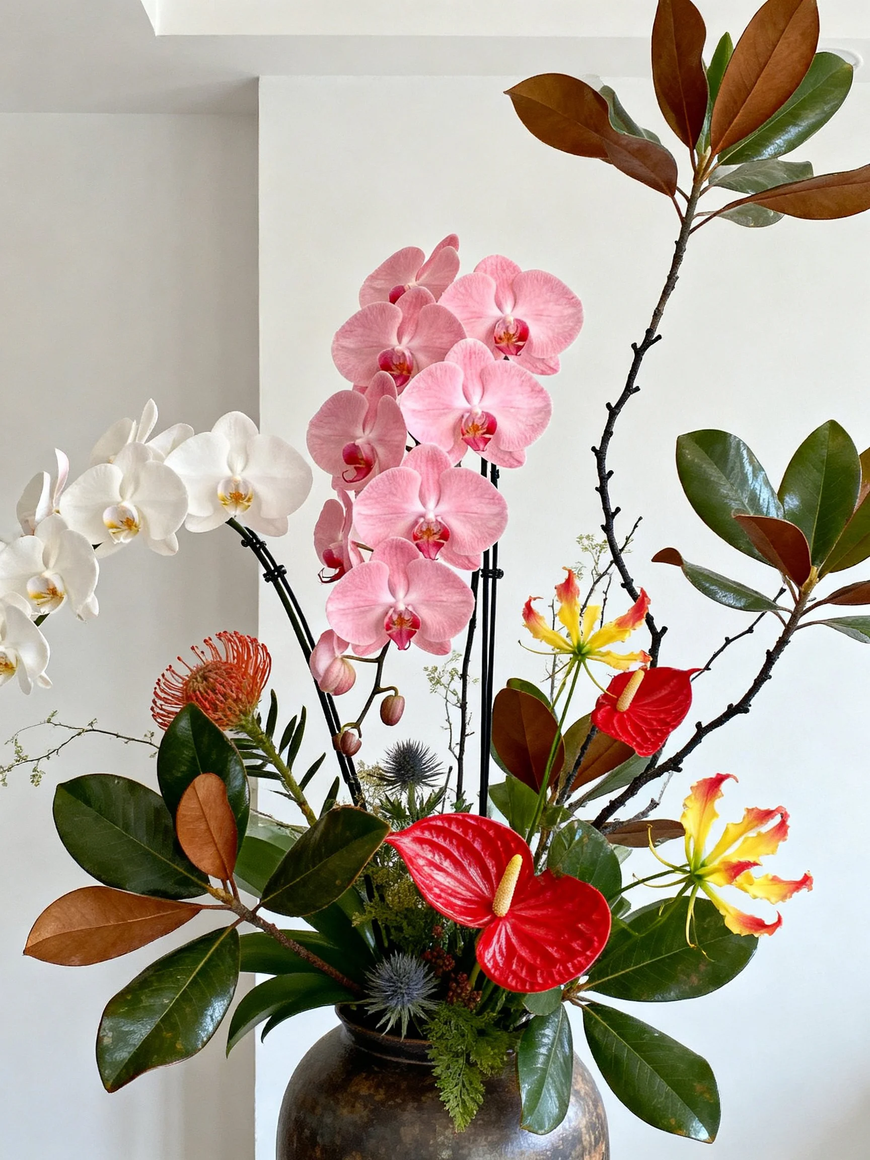 Rich floral display with pink, white orchids, red blooms, and glossy foliage