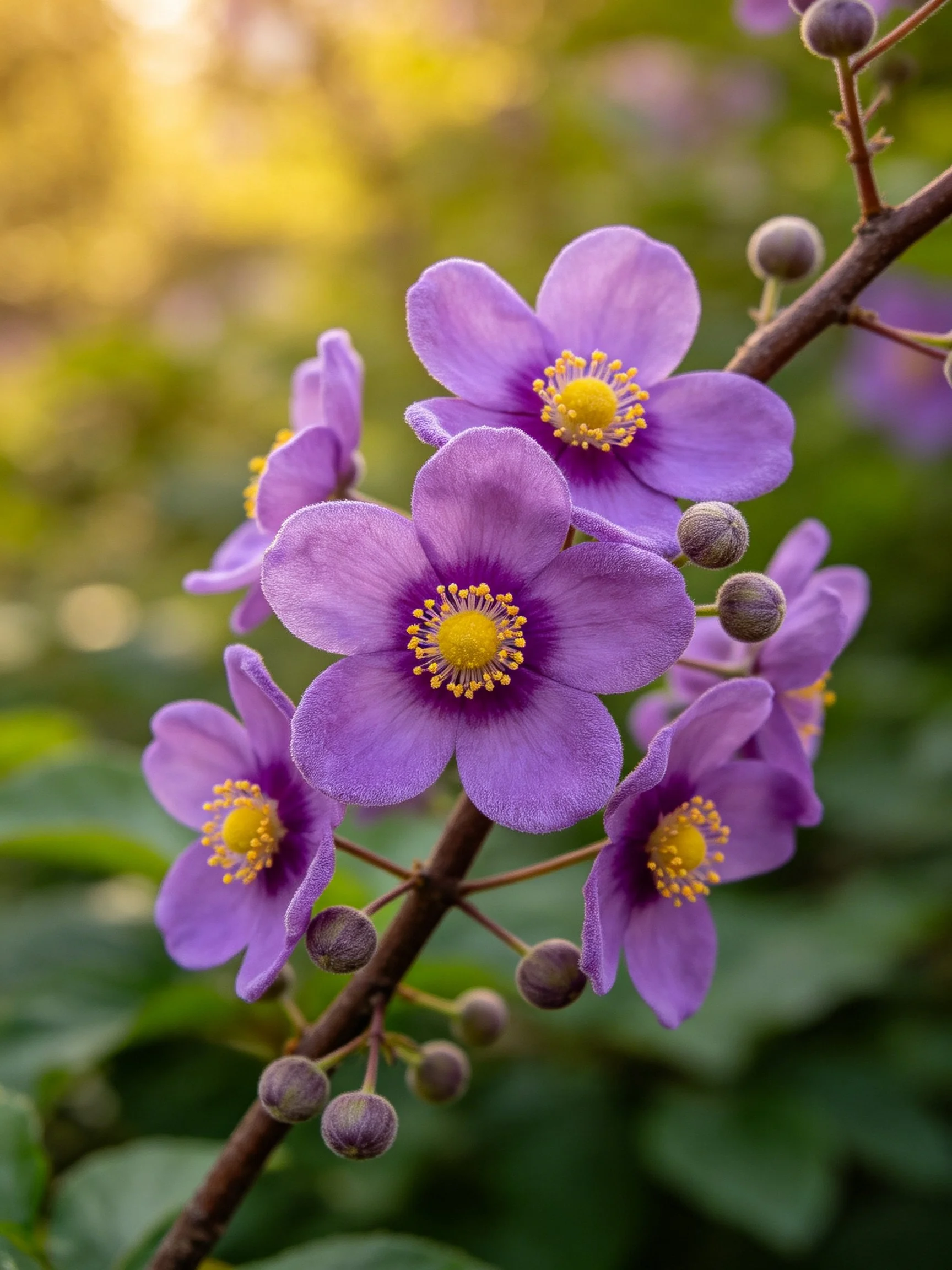 Rich purple flowers with yellow centers on a branch with budding buds