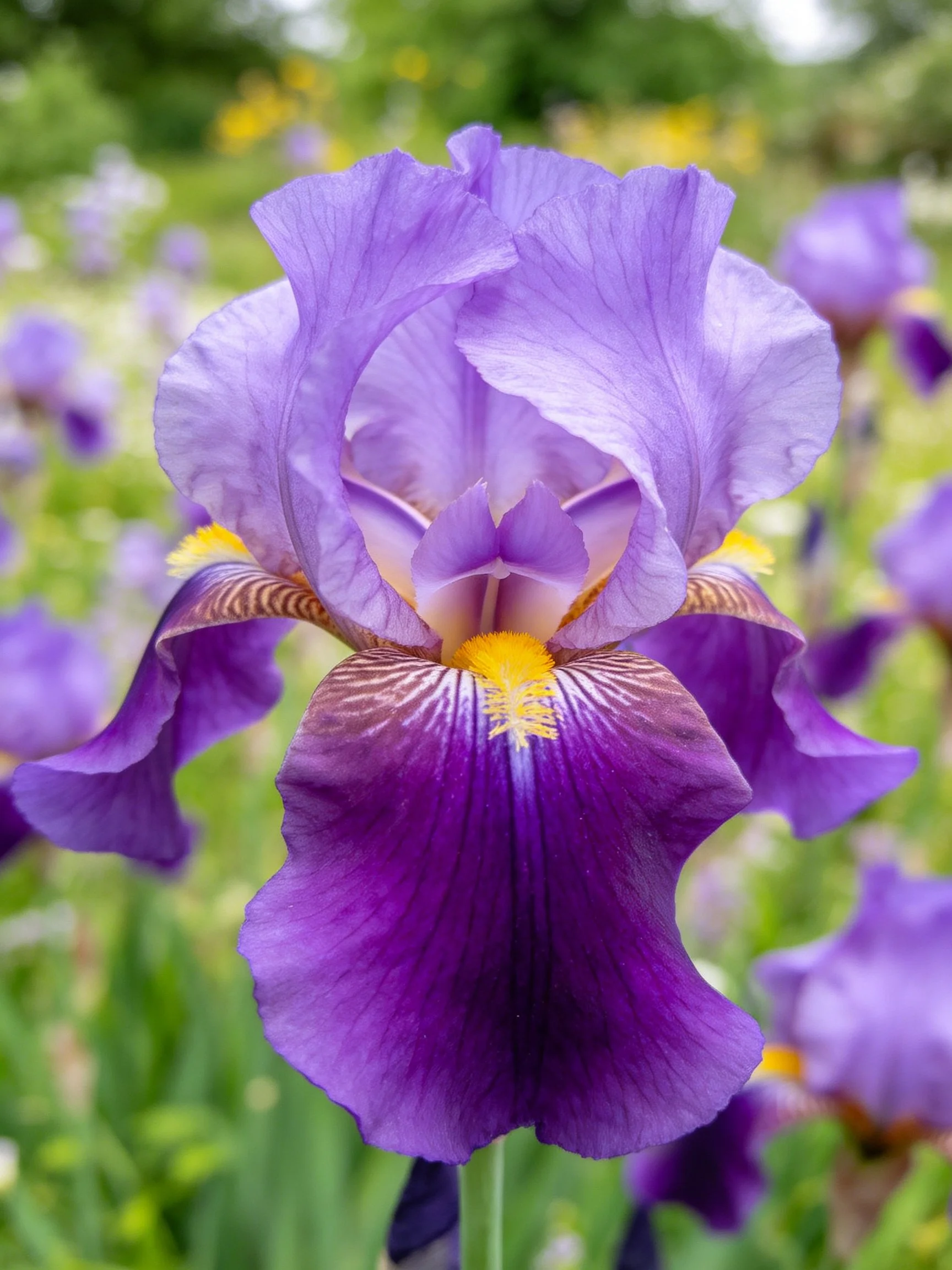 Rich purple iris with yellow accents in a garden