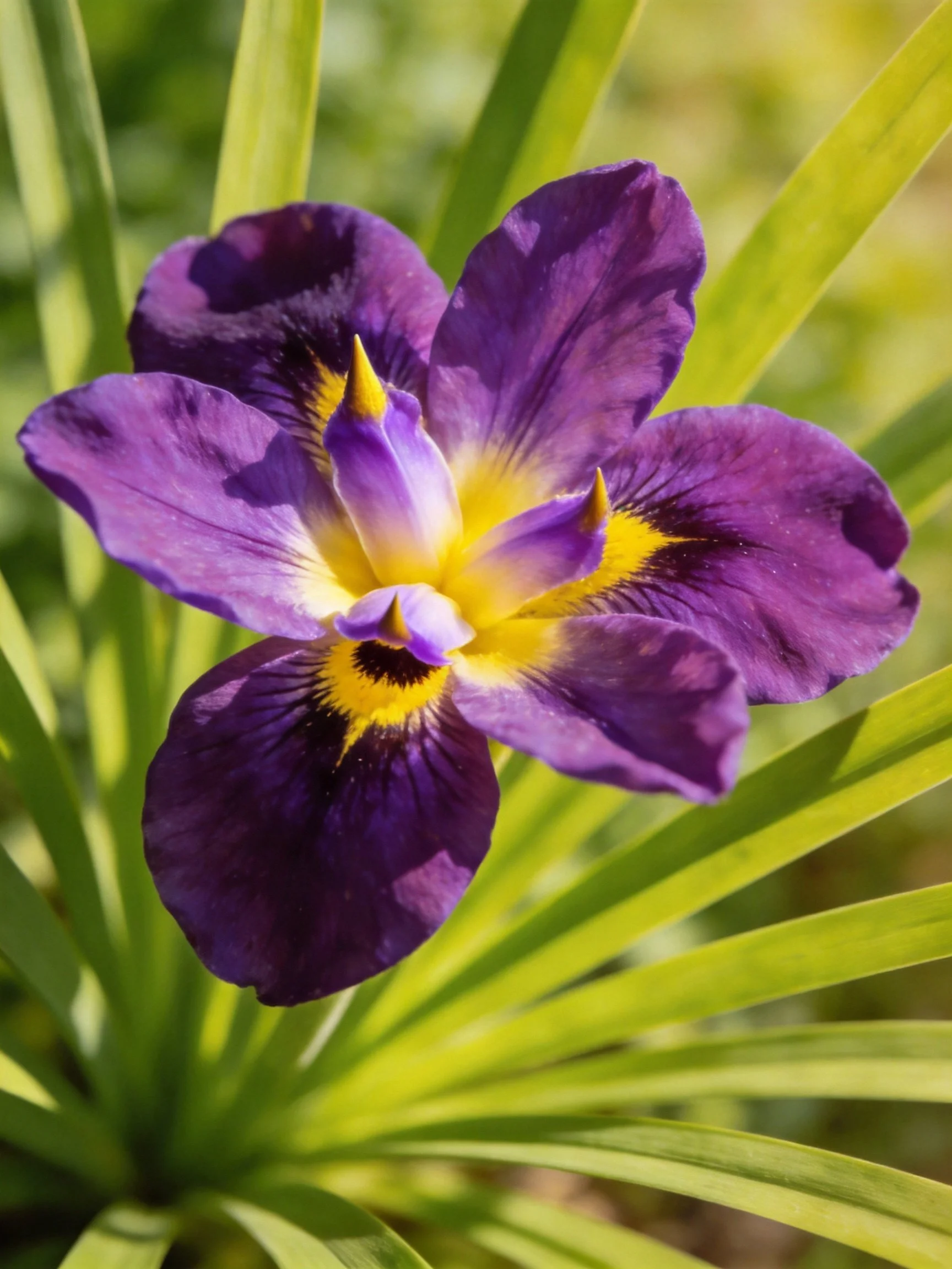 Rich purple iris with yellow center near green foliage