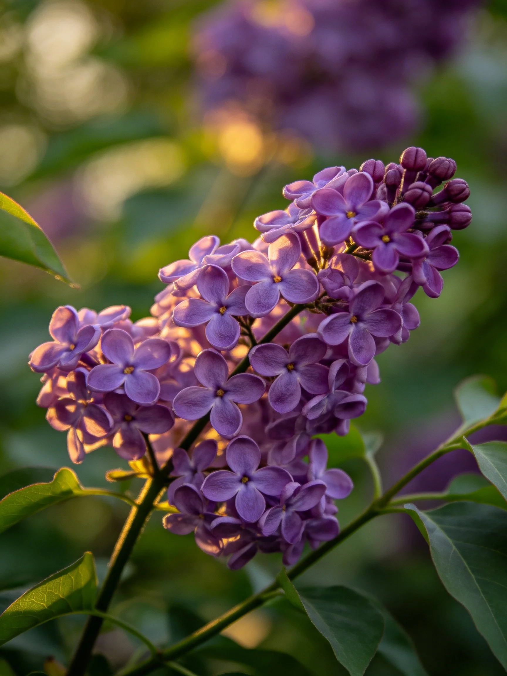 Rich purple lilac blooms illuminated by golden light