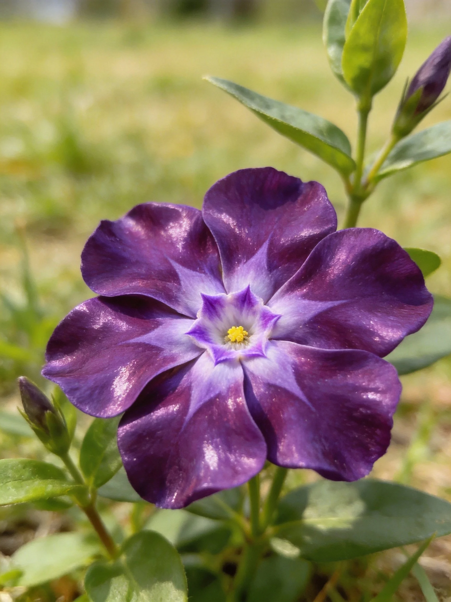 Rich purple petunia bloom with green foliage and buds