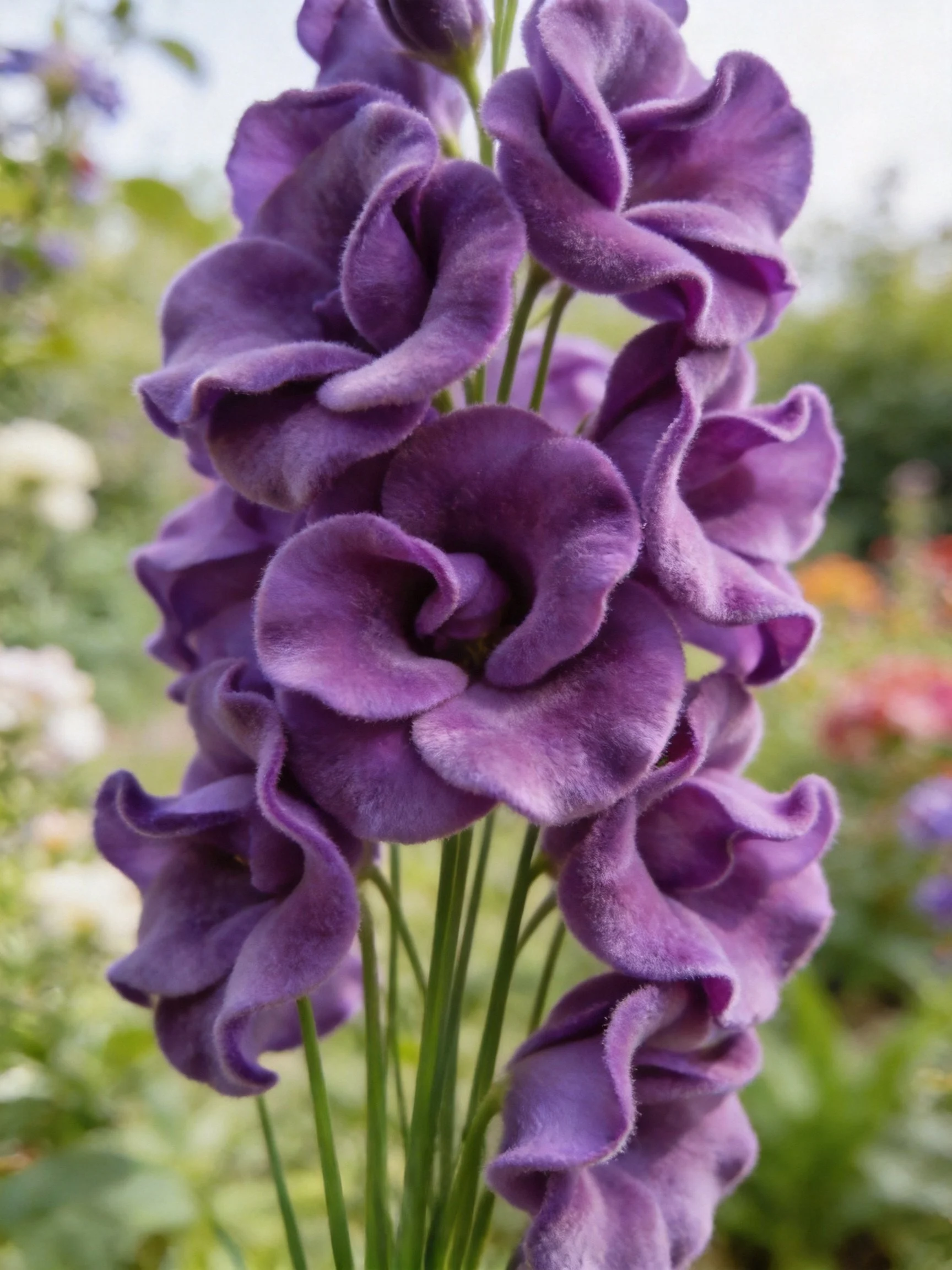 Rich purple ruffled flowers with green stems in a garden