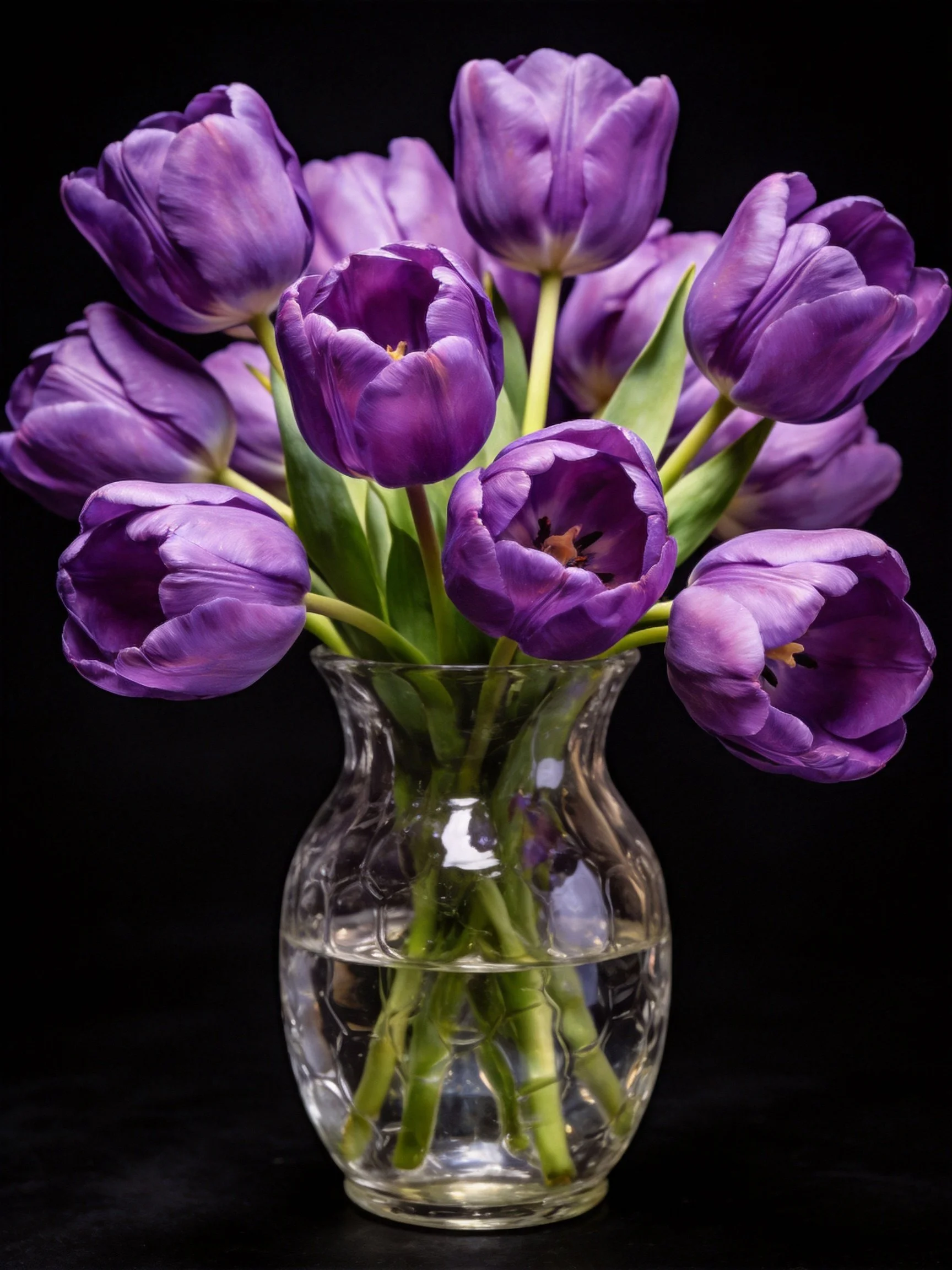 Rich purple tulip bouquet in a clear glass vase