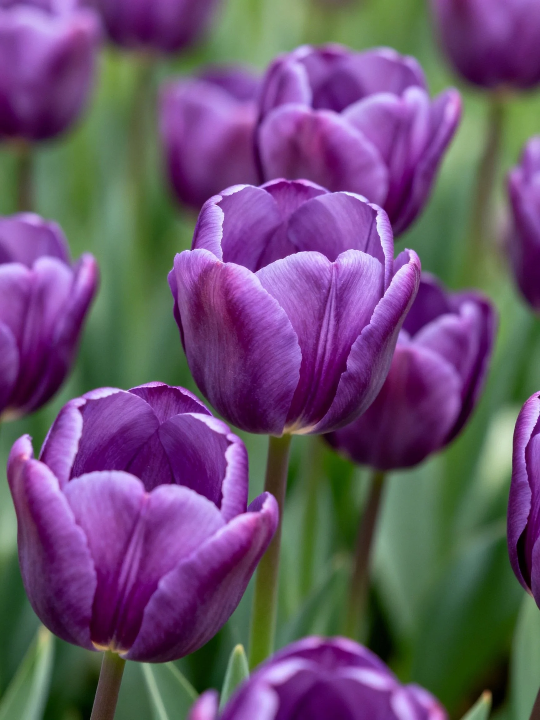 Rich purple tulips bloom densely amid green foliage