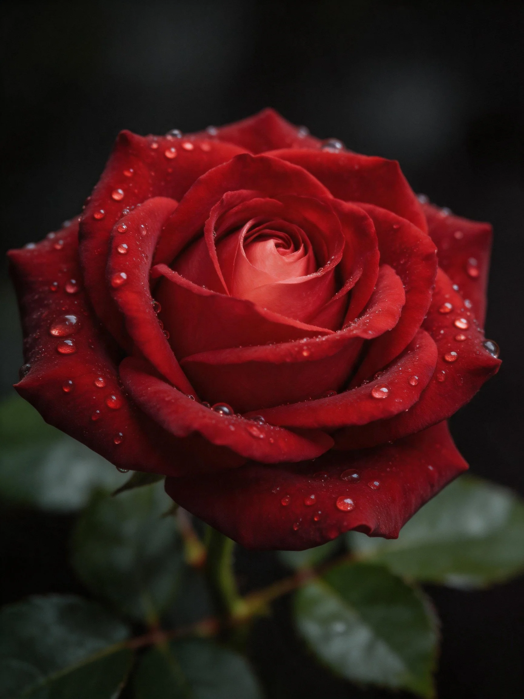 Rich red rose with glistening water droplets