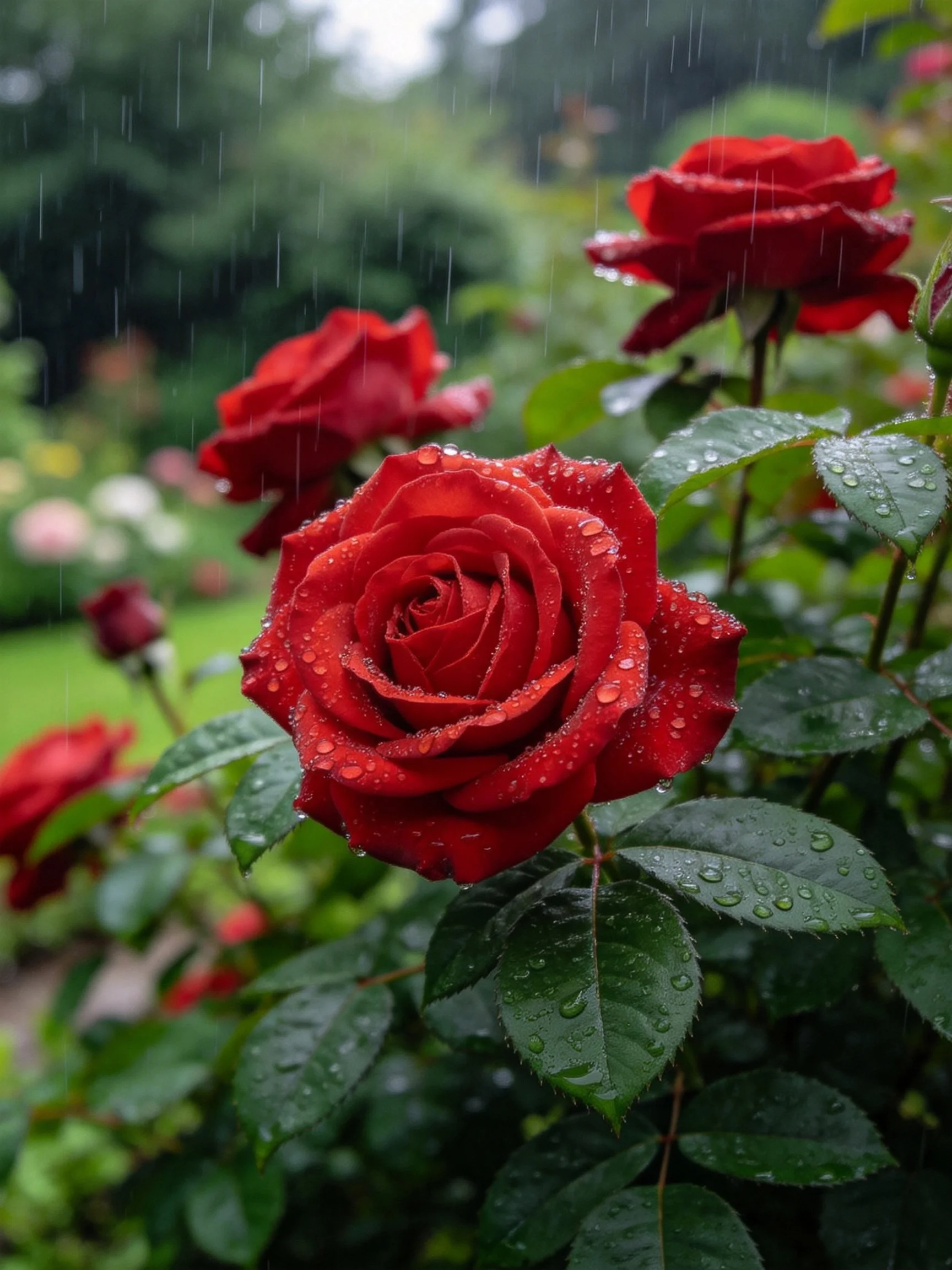 Rich red roses glistening with raindrops amid green foliage