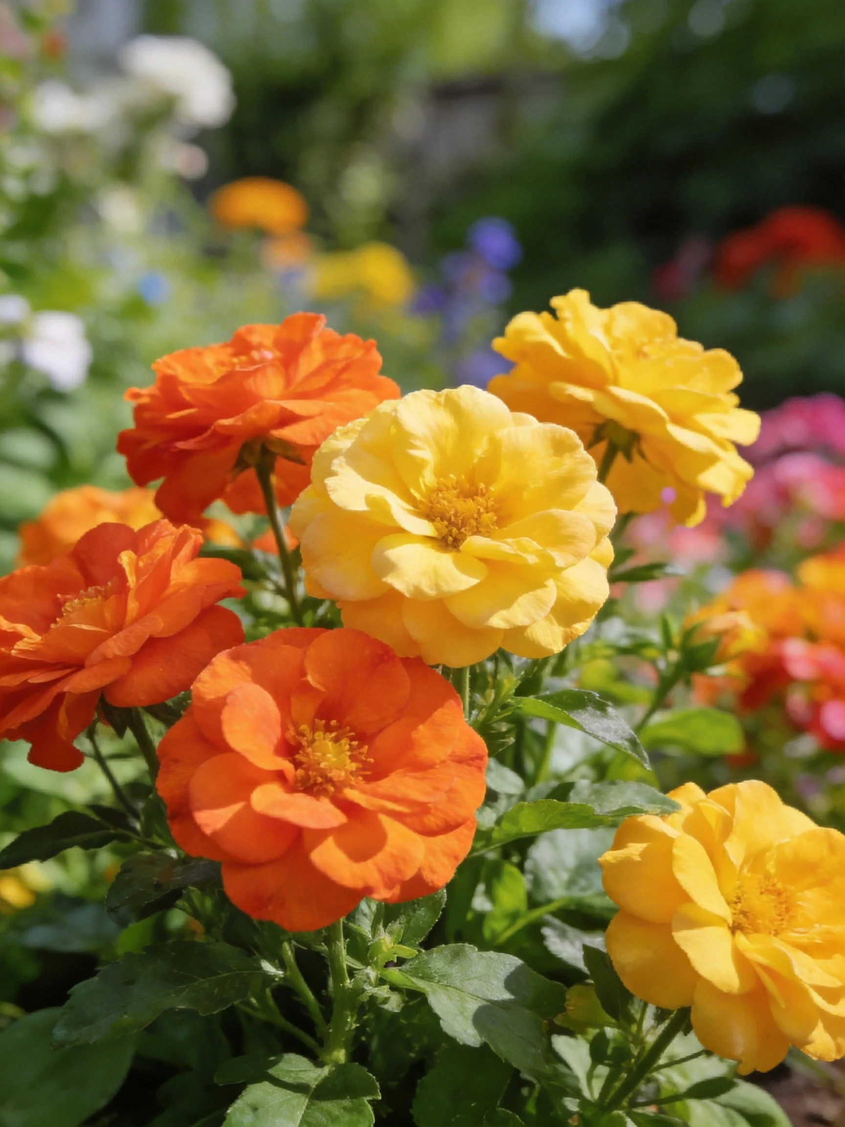 Richly colored orange and yellow flowers flourish in a sun-drenched garden
