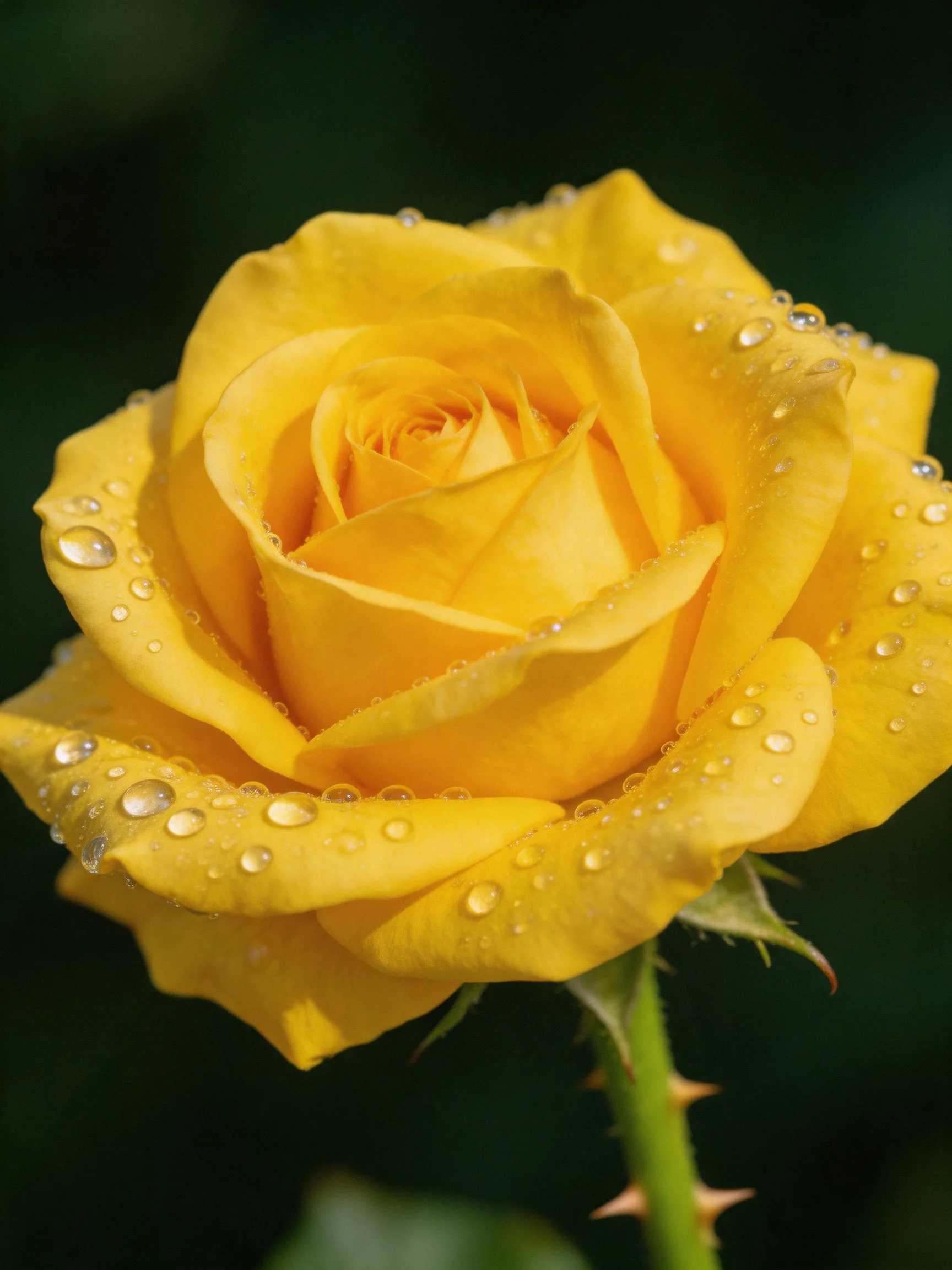 Richly hued yellow rose with glistening dewdrops