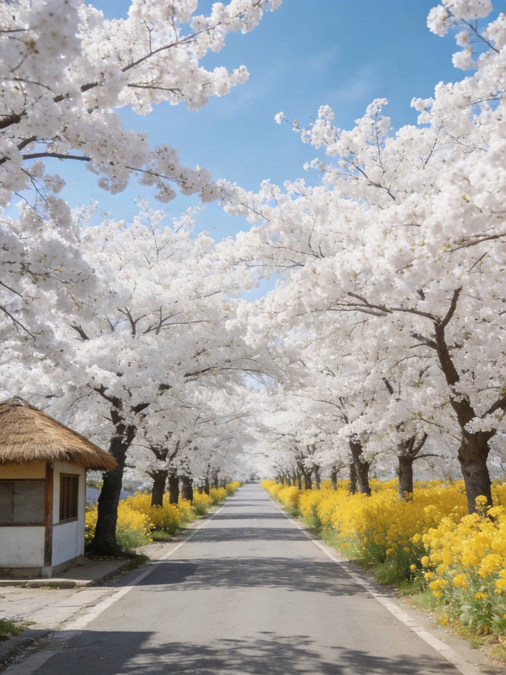 Road flanked by white cherry blossoms and yellow flower fields