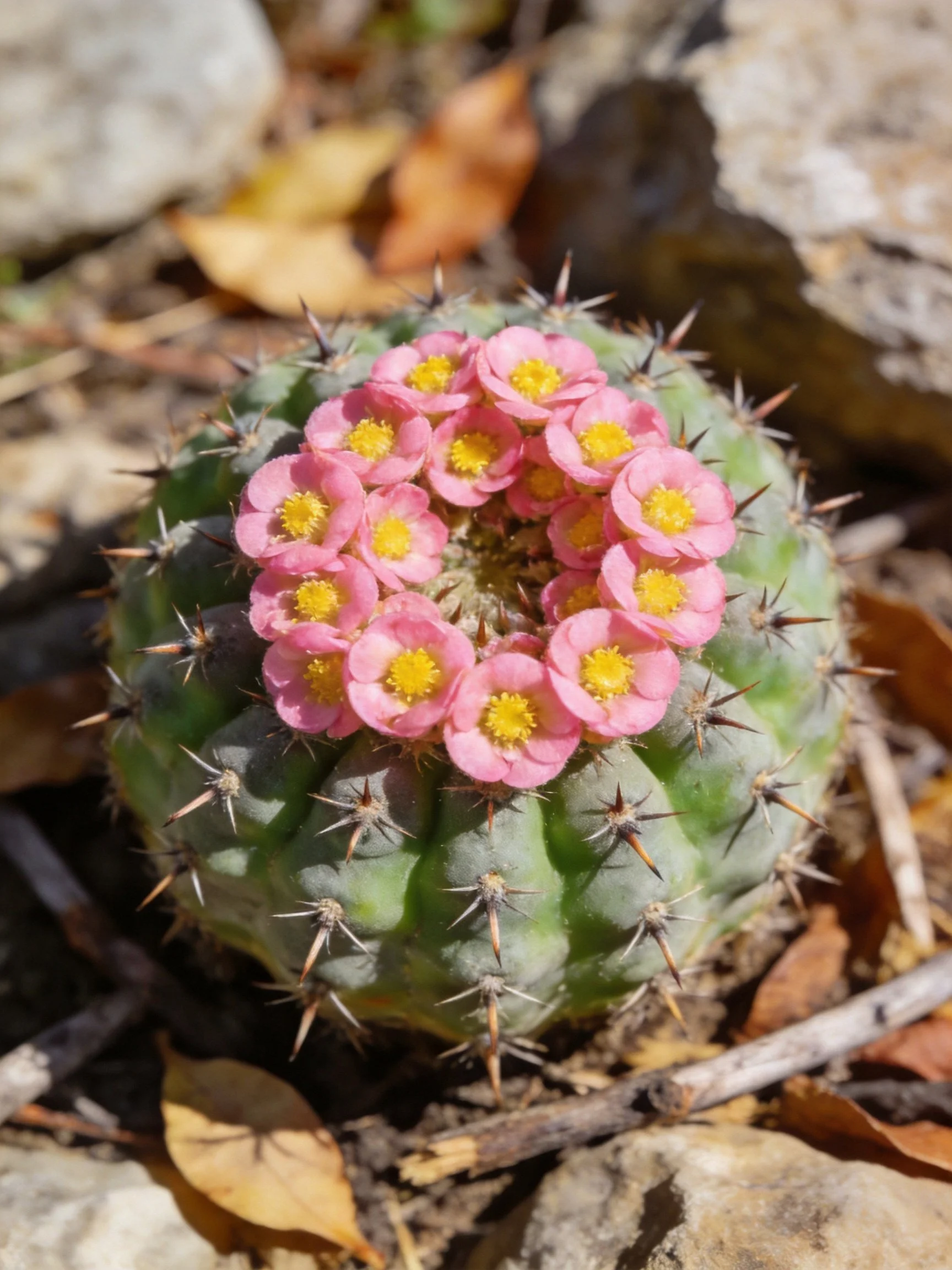 Round green cactus blooms pink flowers among rocks and dry leaves