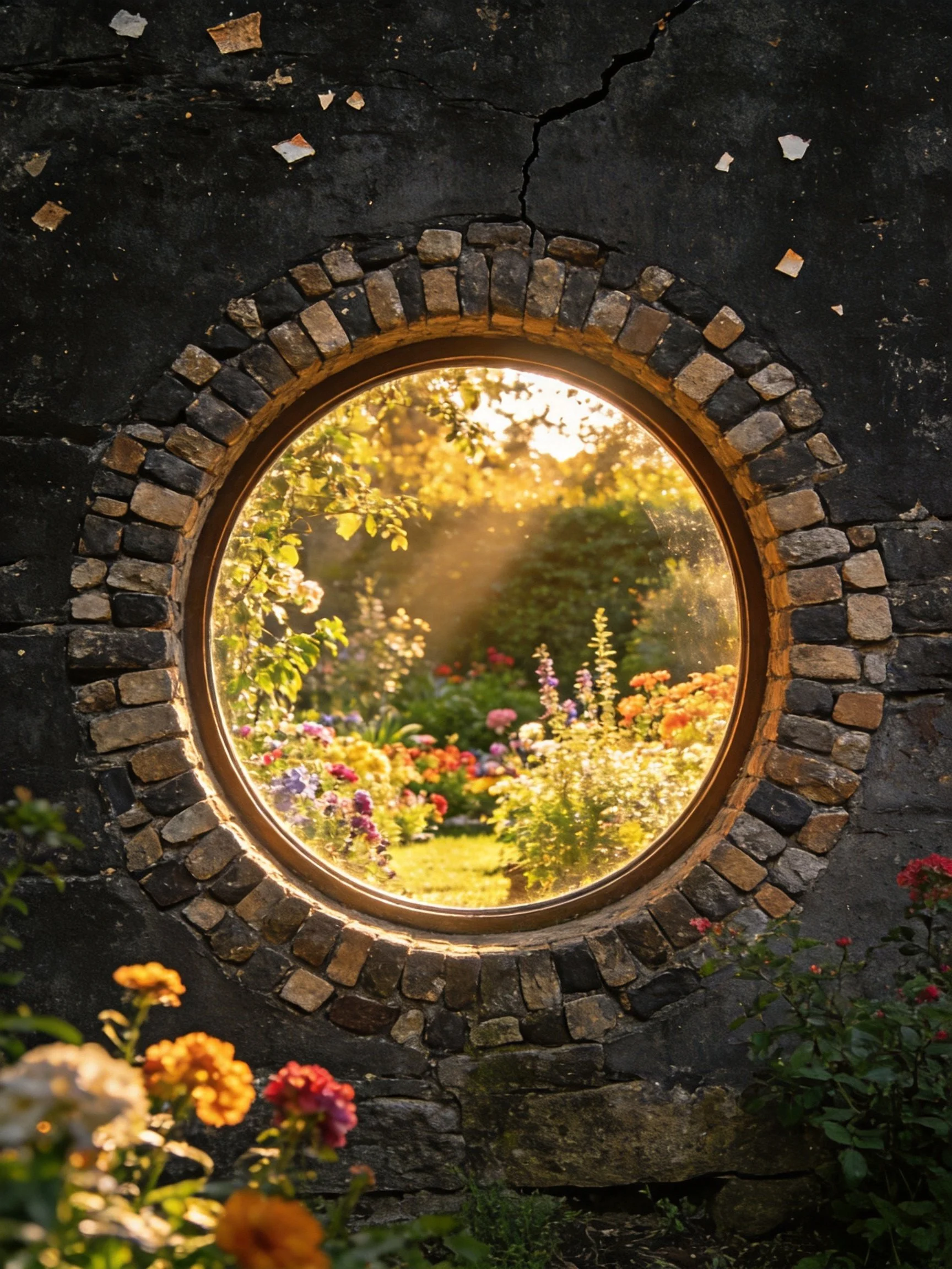 Round stone-framed circular window overlooks vibrant flower garden with golden sunlight