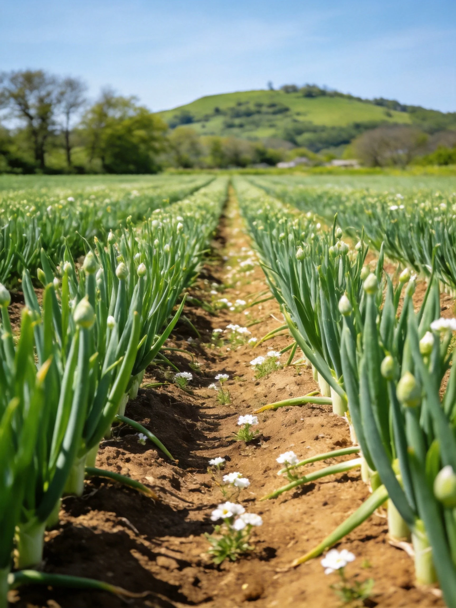 Rows of green onion seedlings with white blooms, rolling green hills in distance