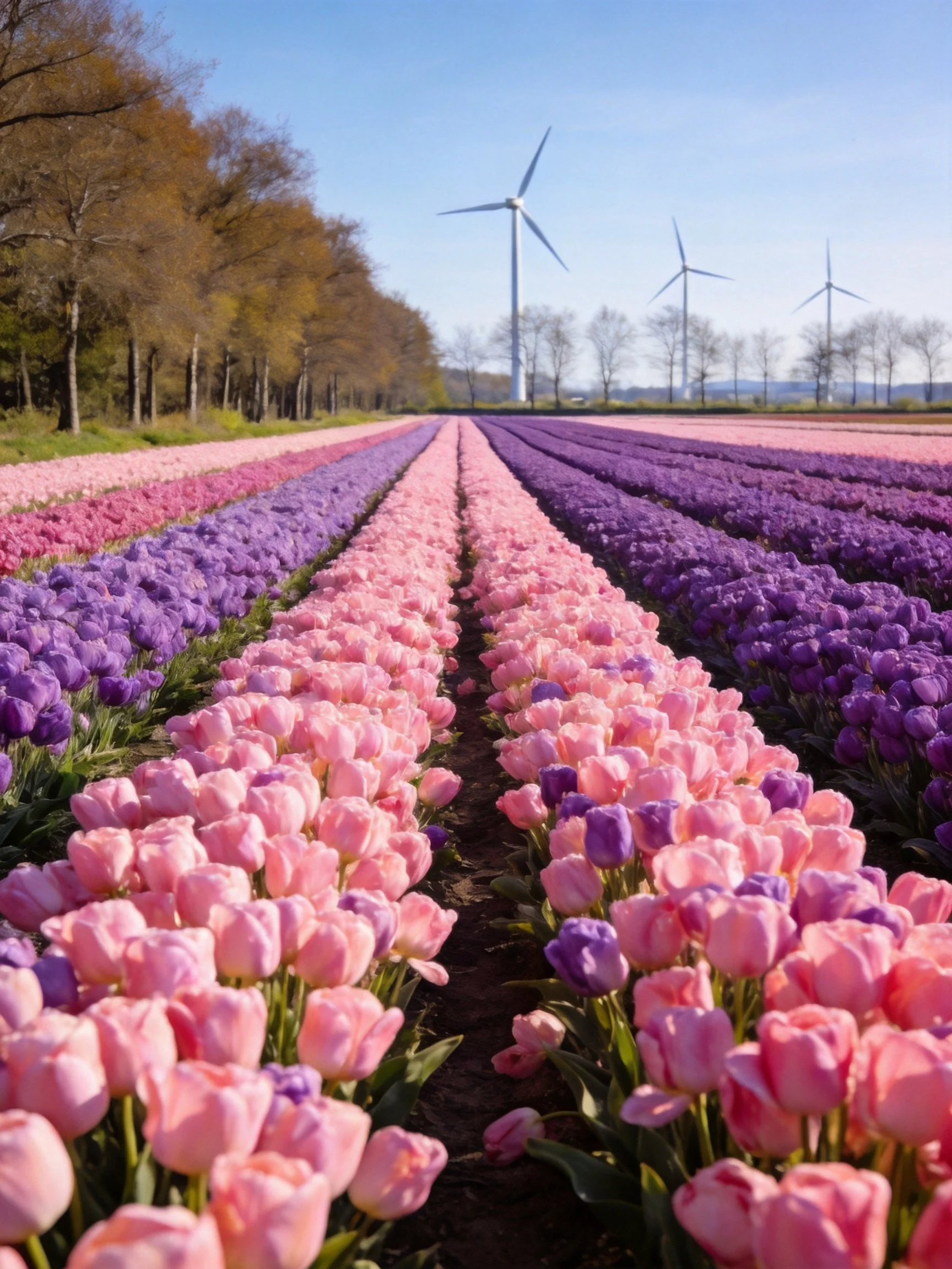 Rows of vibrant pink and purple tulips extend toward wind turbines beneath a clear blue