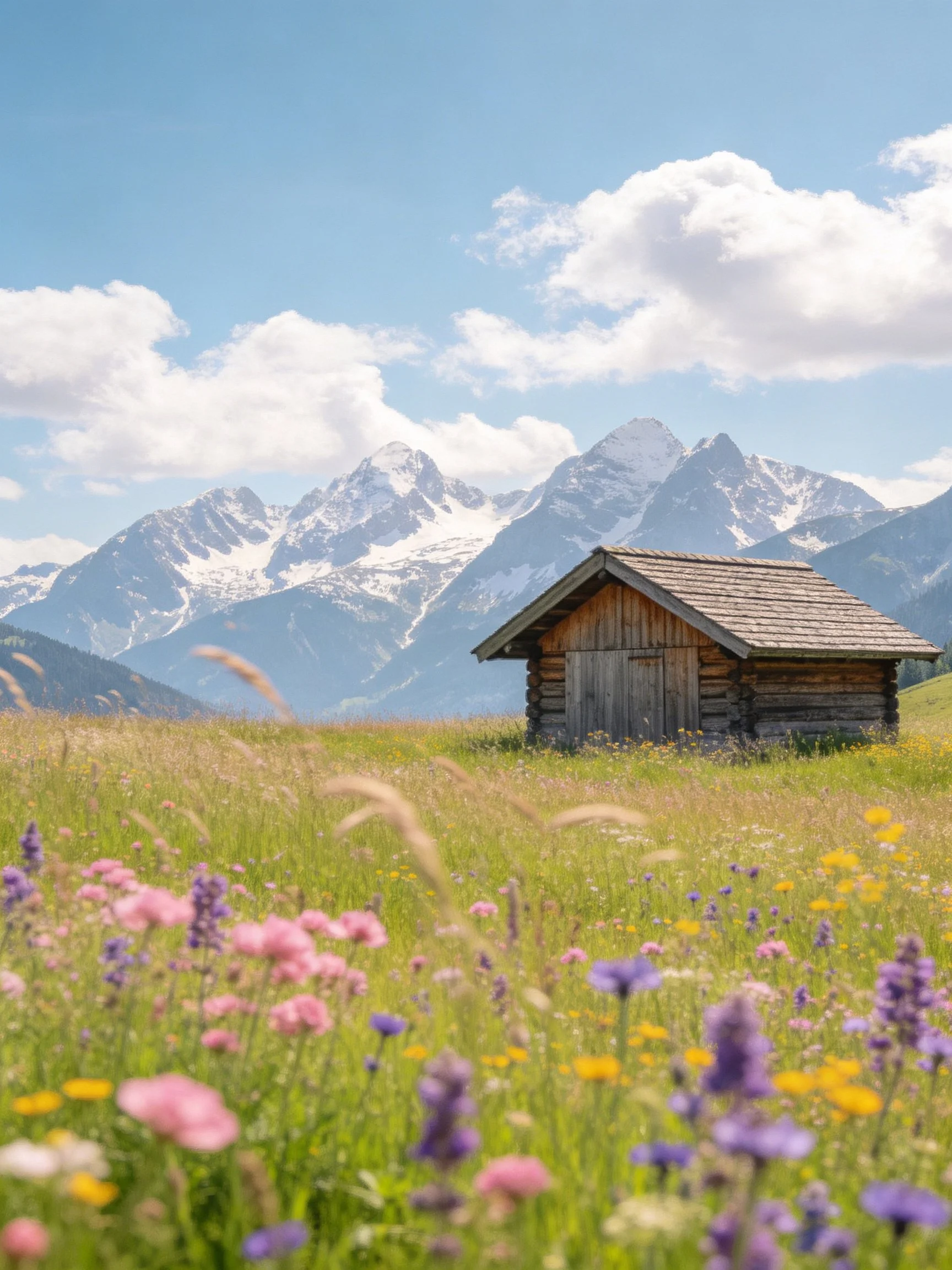 Rustic log cabin amid colorful wildflowers and snow-capped mountains