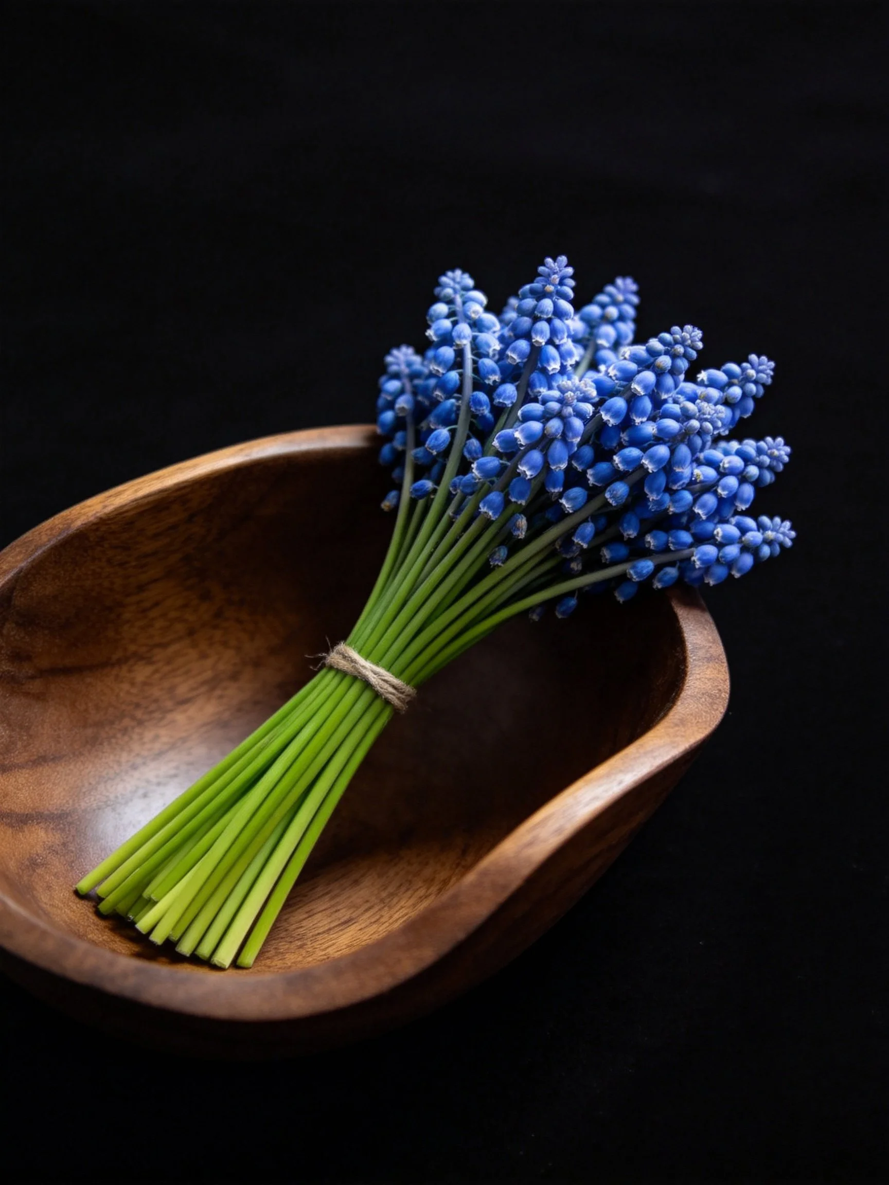 Rustic wooden bowl containing vibrant blue flower bouquet
