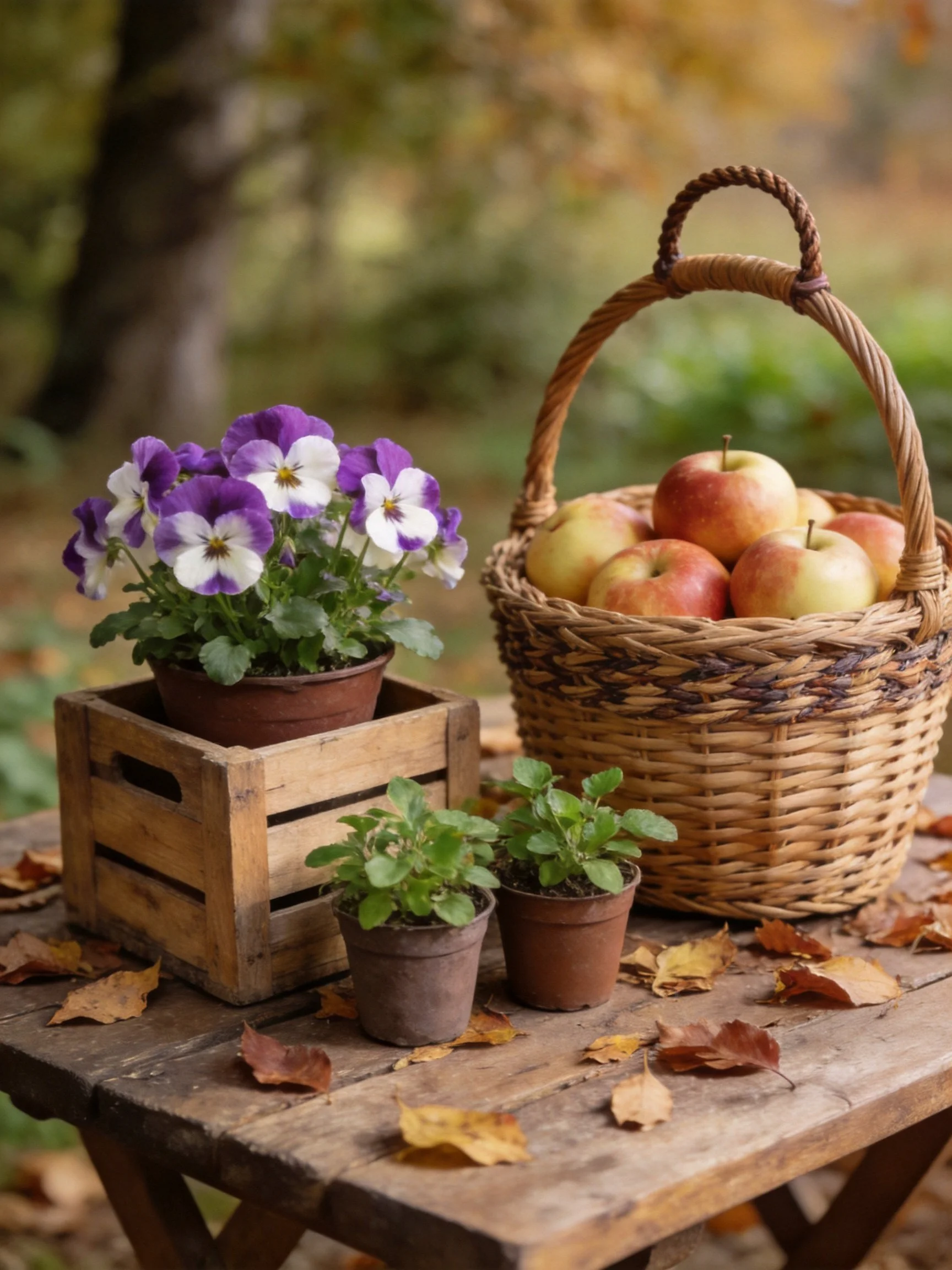 Rustic wooden table with flower pot, small plants, and apple basket among autumn leaves
