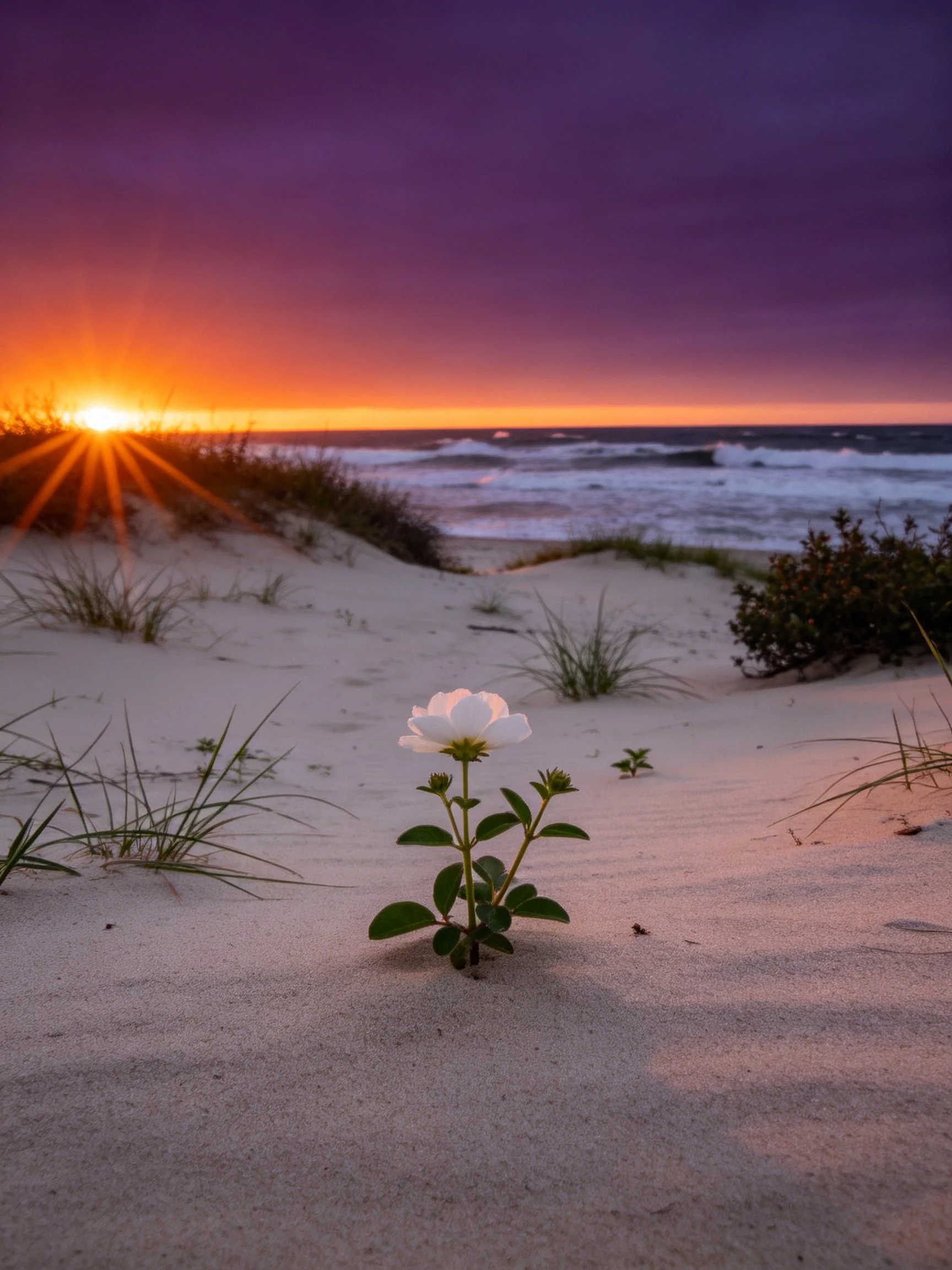 Sandy beach dunes at sunset with a single white flower