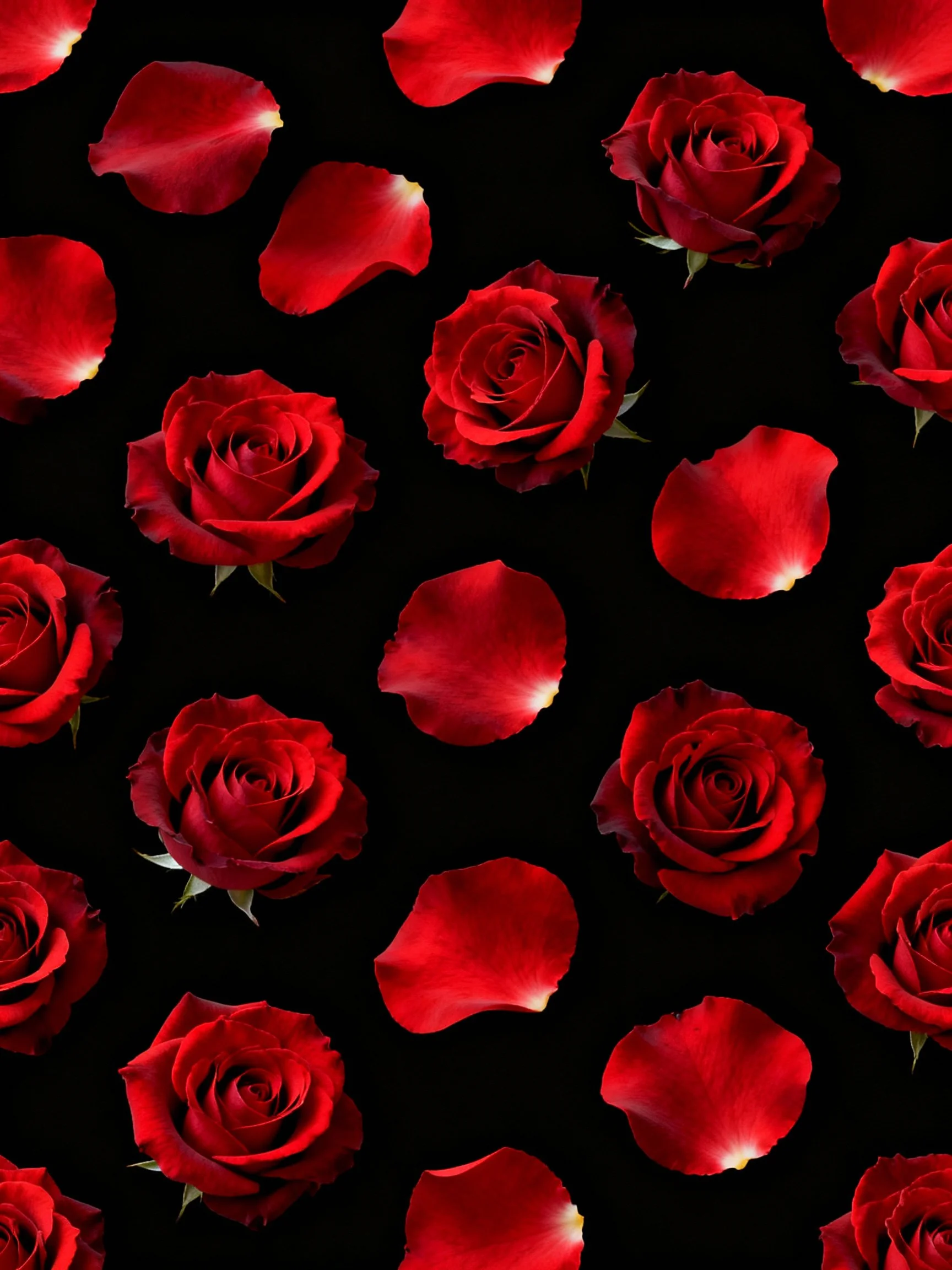 Scattered red roses and rose petals against a black backdrop