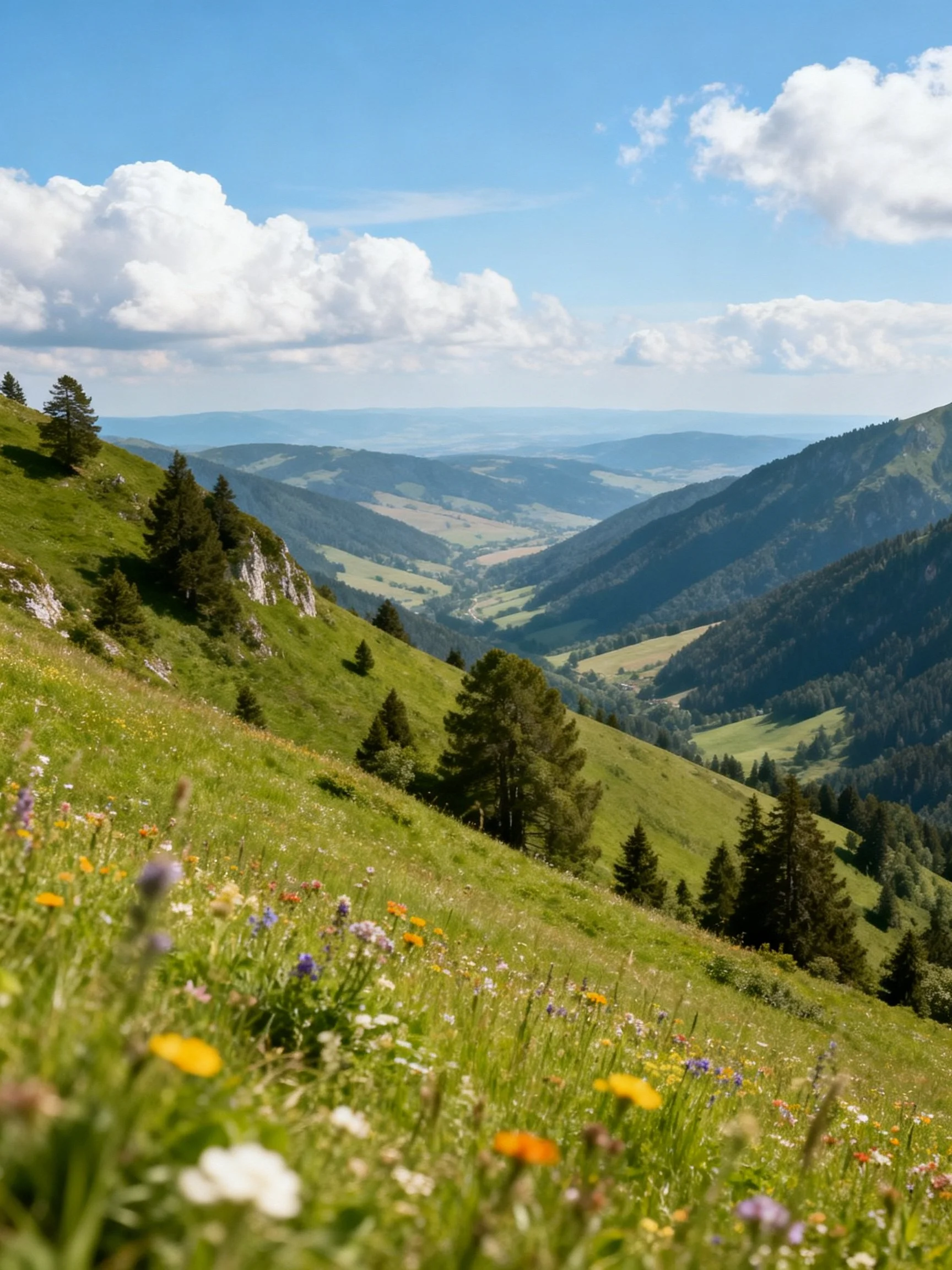 Scenic mountain meadow with wildflowers and distant valleys