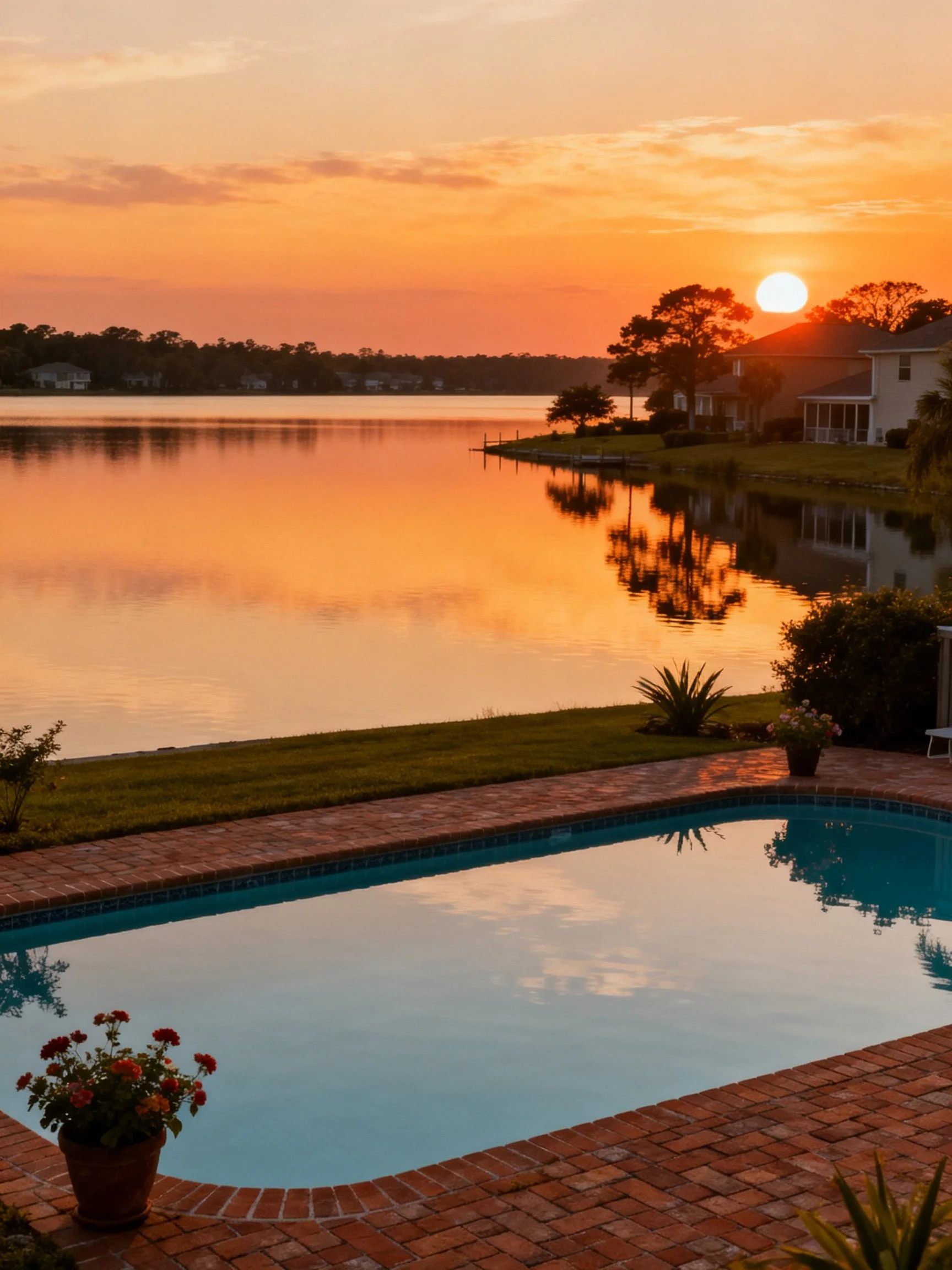 Serene lakeside sunset with private swimming pool and waterfront homes