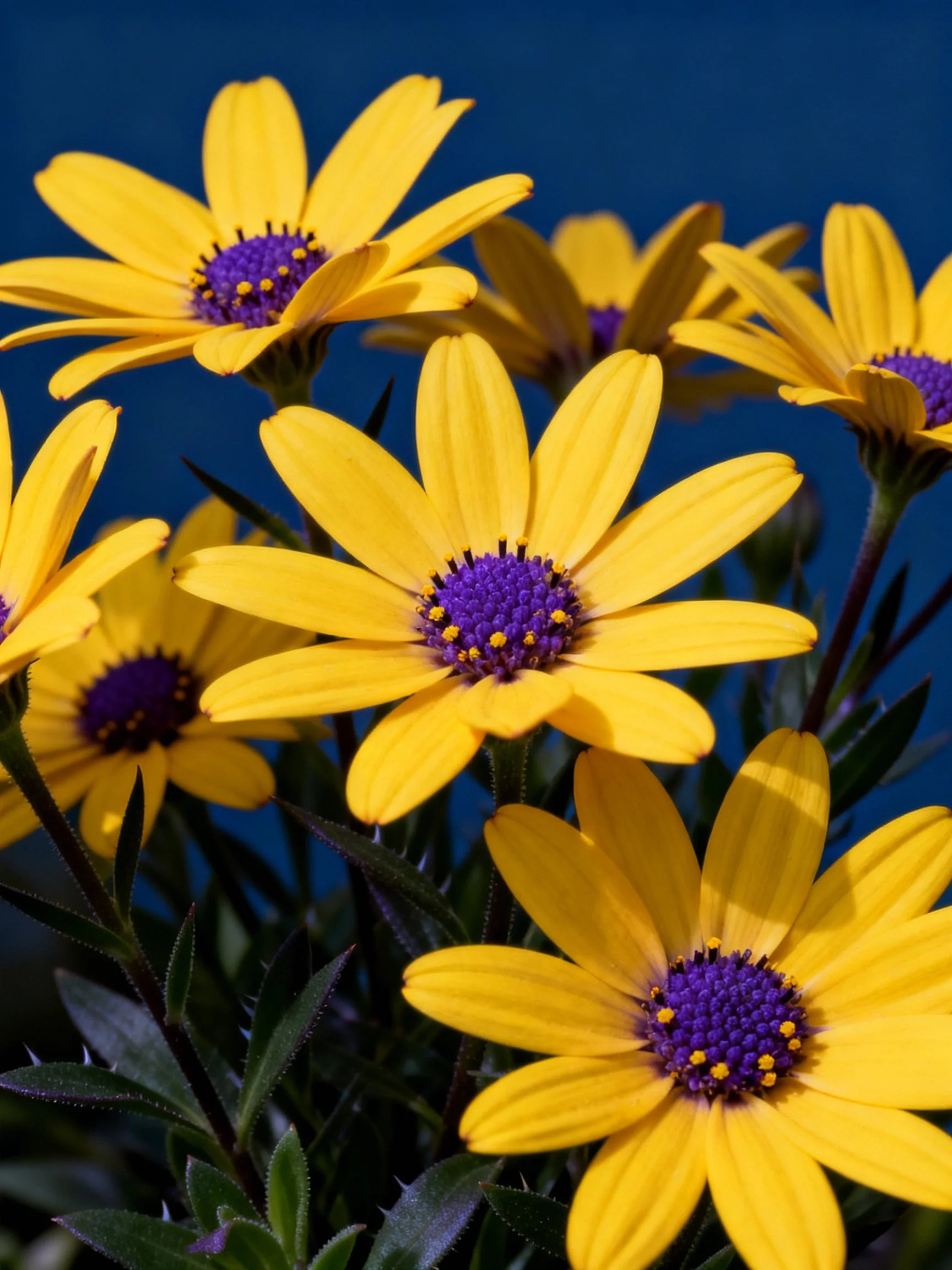 Seven bright yellow flowers with purple centers against deep blue background