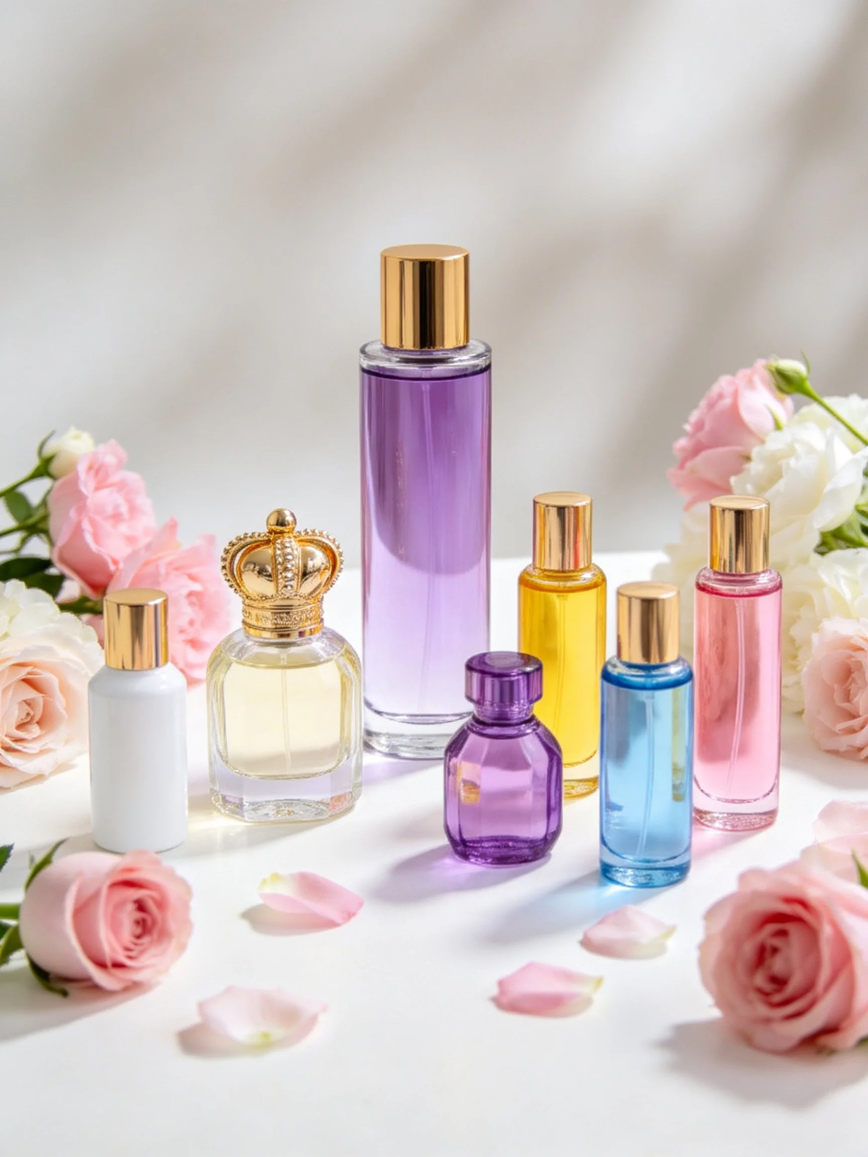 Seven colorful perfumebottles with gold accents near pink roses