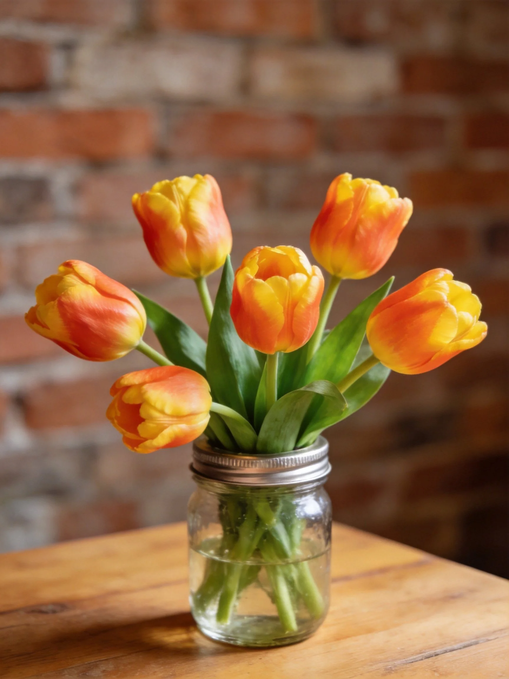 Seven orange-yellow tulips in a glass jar on a wooden table