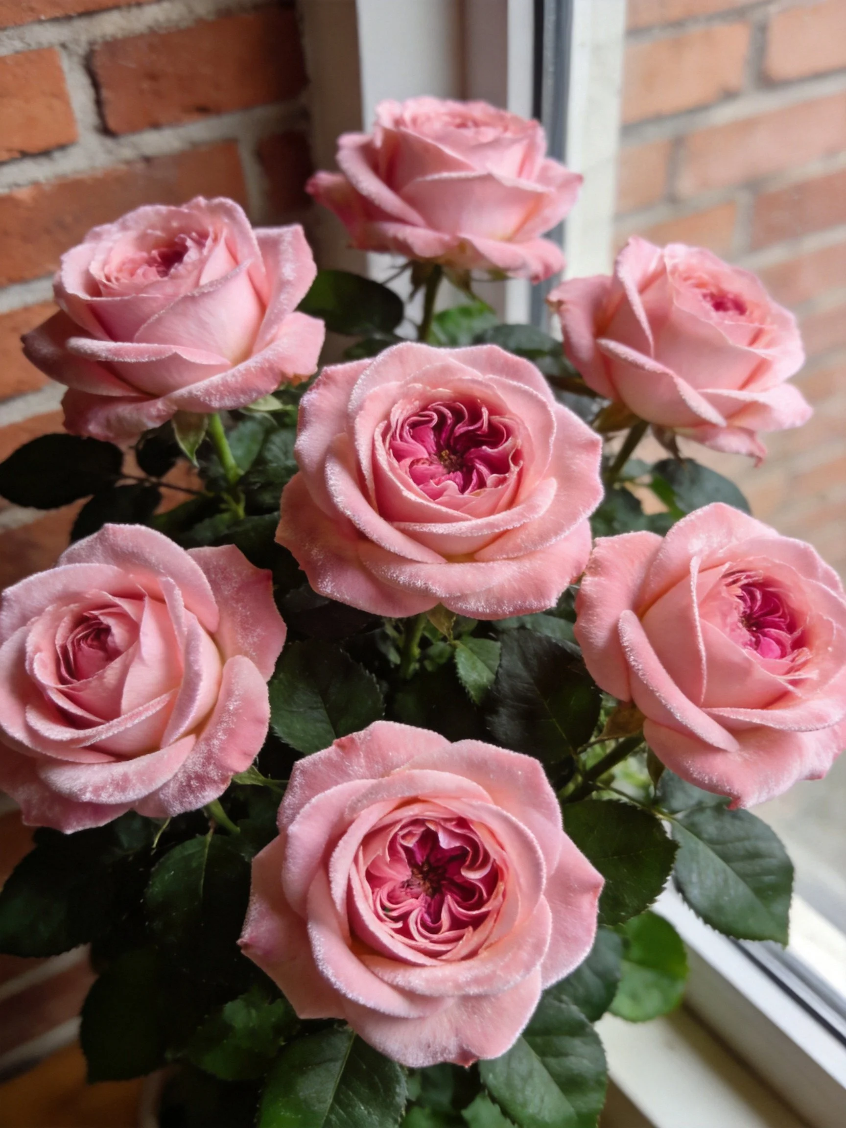 Seven pastel pink roses arranged near a brick wall by a window