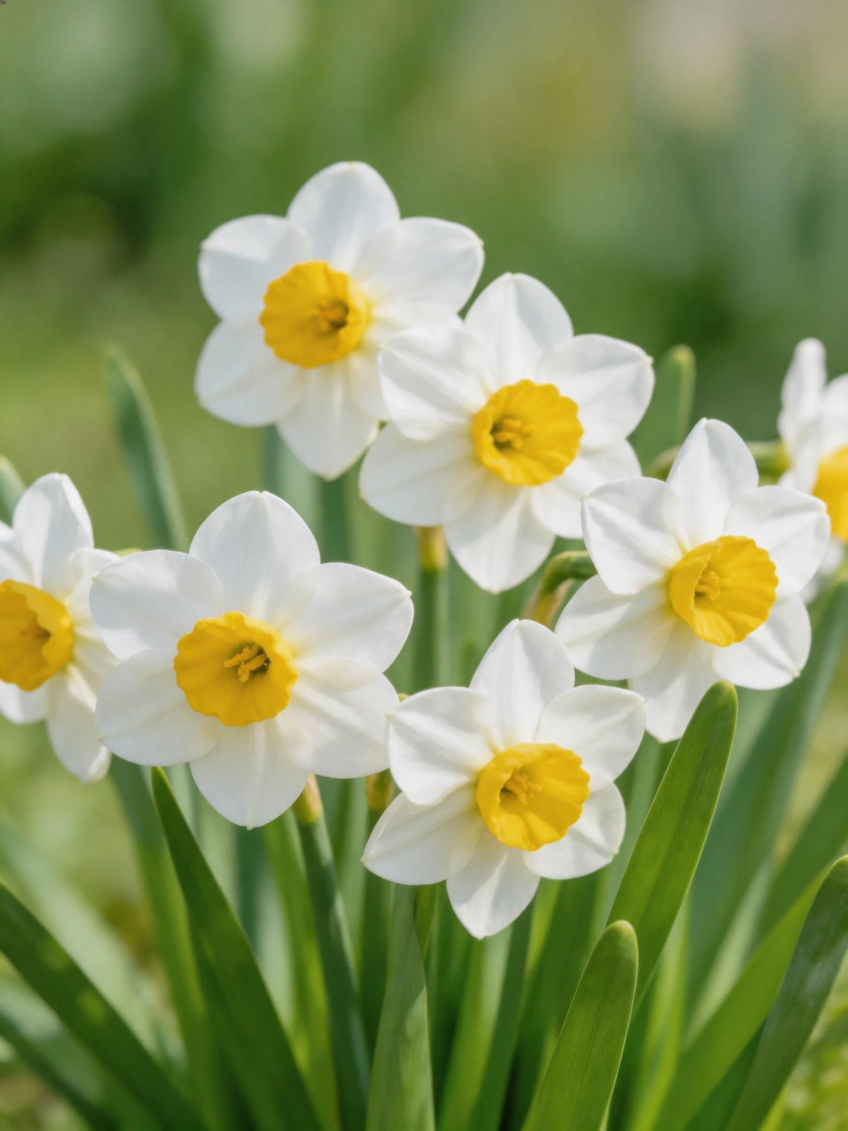 Seven white daffodils with bright yellow centers among green stems