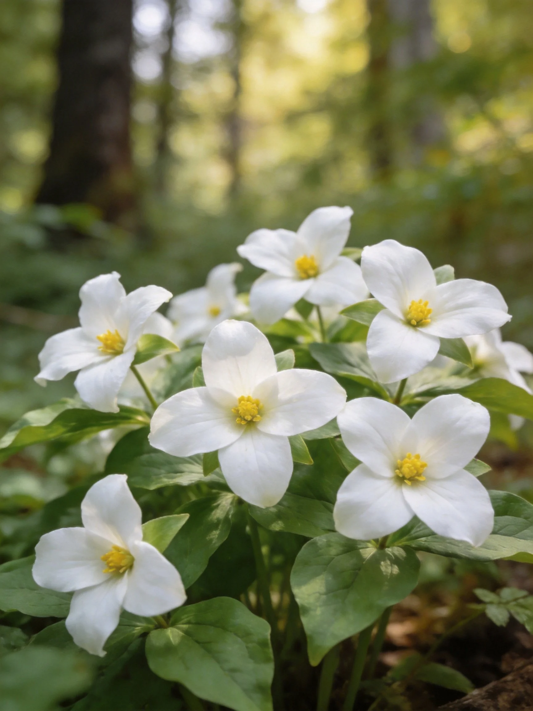 Seven white trillium blooms with yellow centers amid lush greenery in a sun-dappled forest
