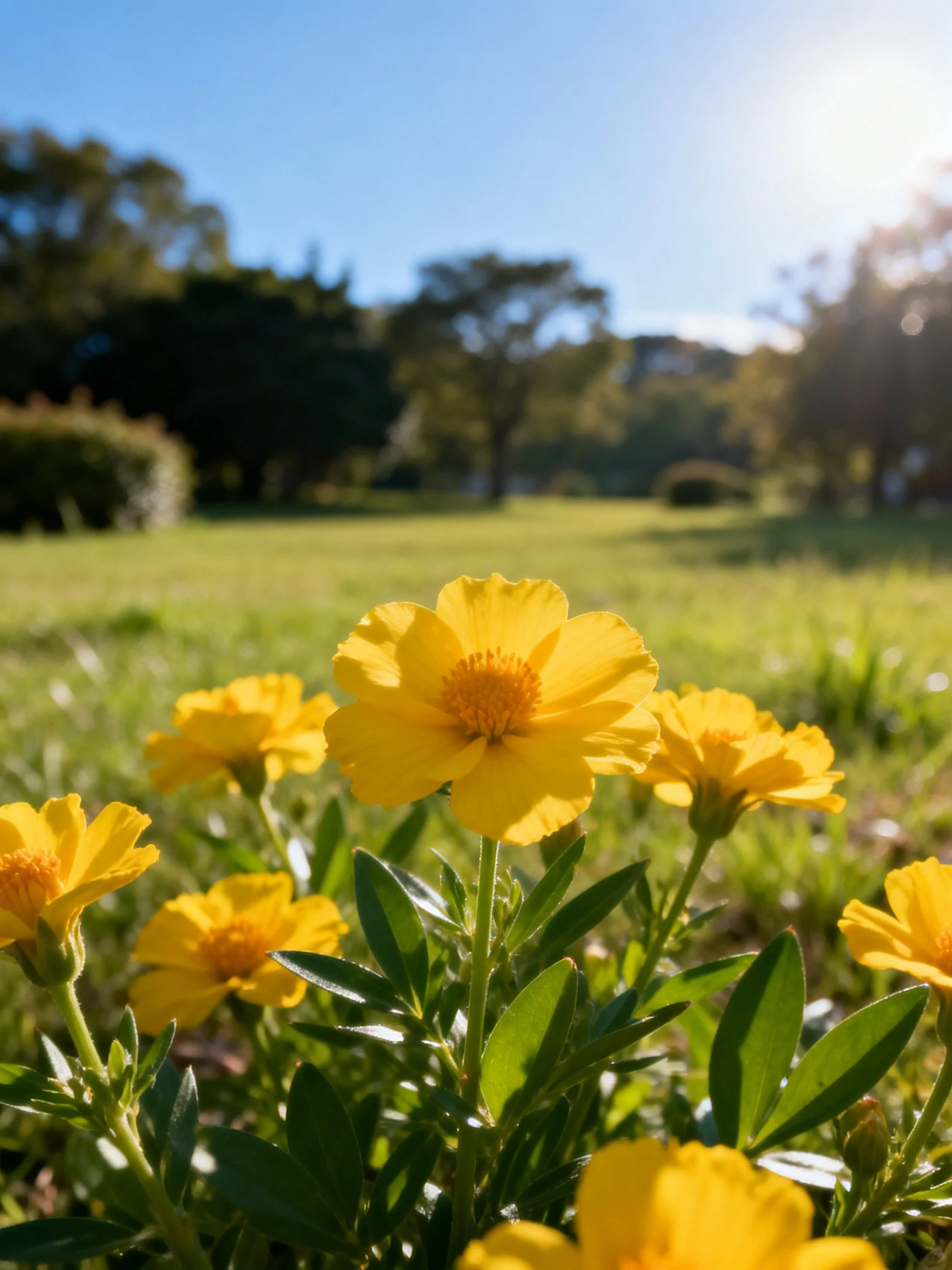 Several bright yellow flowers bloom in sunlit grassy field with trees