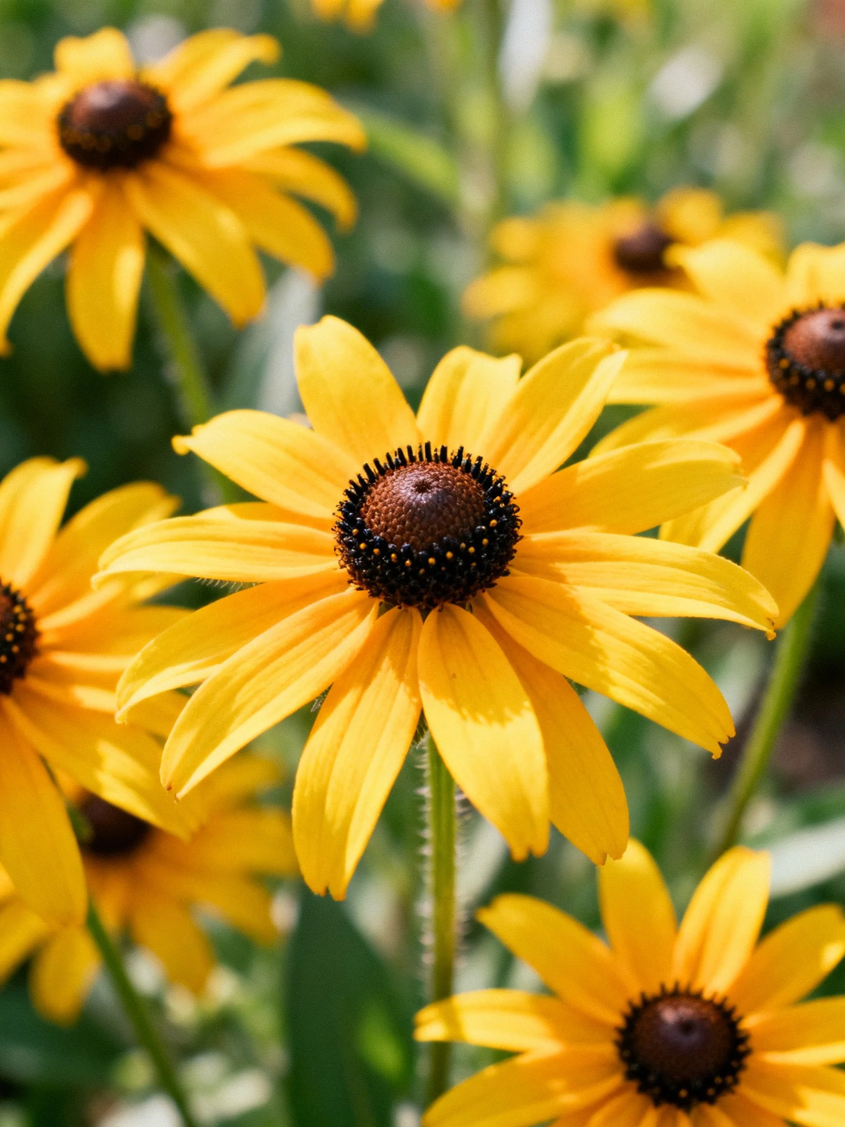 Several bright yellow flowers with dark centers blooming amid green foliage
